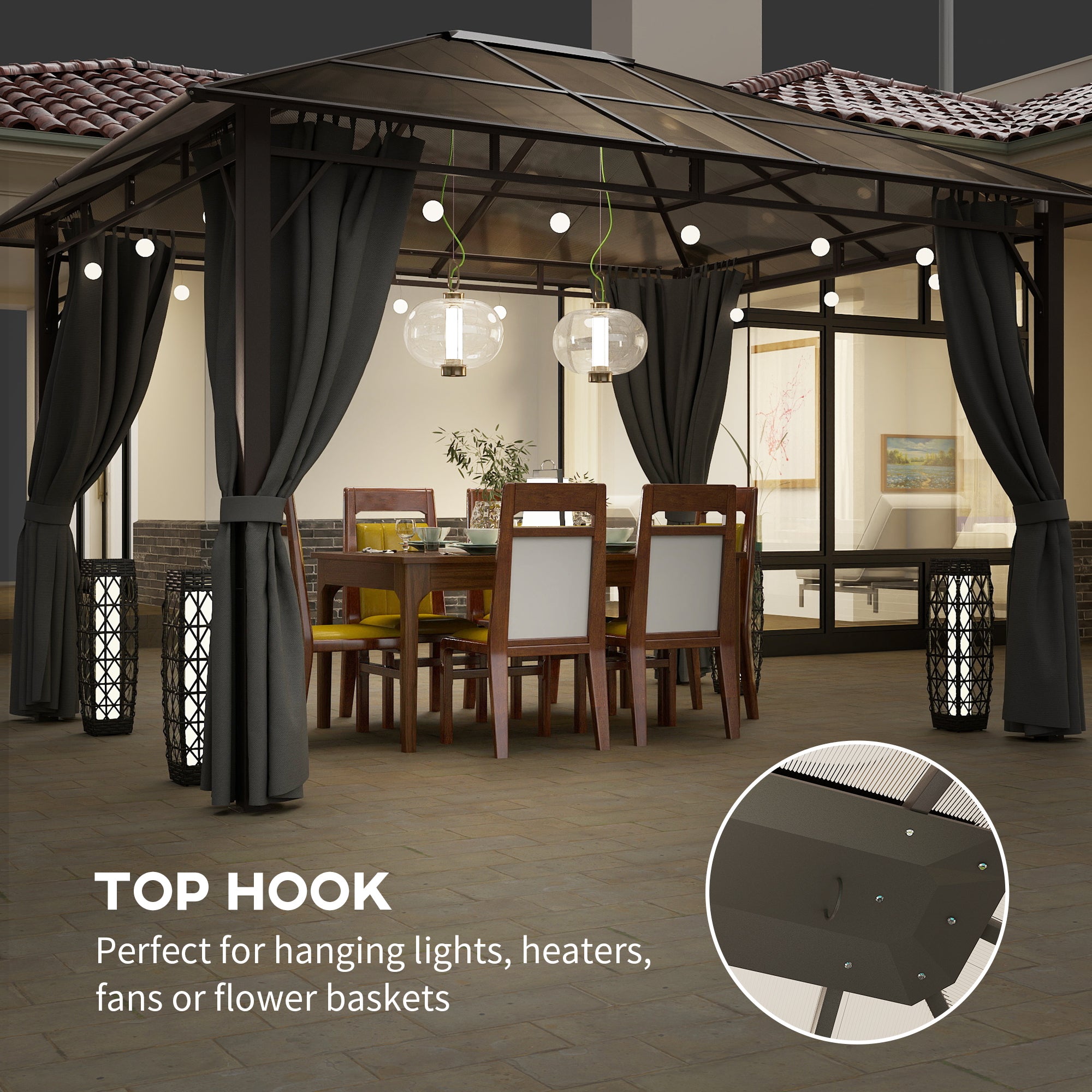 Outsunny 3 x 3.6m Hardtop Gazebo Canopy with Polycarbonate Roof Garden Pavilion with Removable Curtains and Steel Frame, Dark Grey - North Peak Garden Furniture