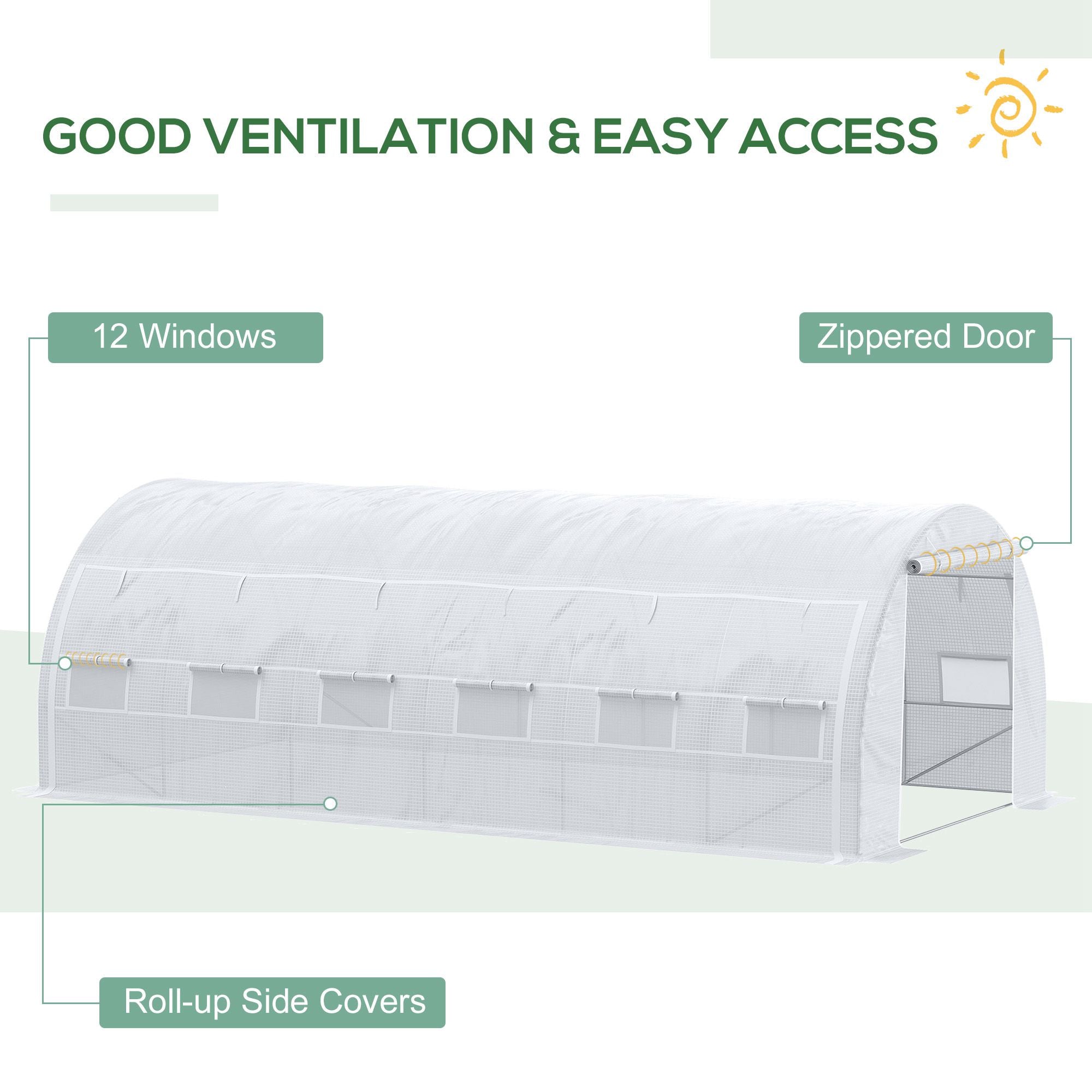 Outsunny 6 x 3 x 2 m Polytunnel Greenhouse with Roll-up Side Walls, Walk-in Grow House Tent with Steel Frame, Reinforced Cover, Zipped Door and 12 Mesh Windows for Garden, White - North Peak Garden Furniture
