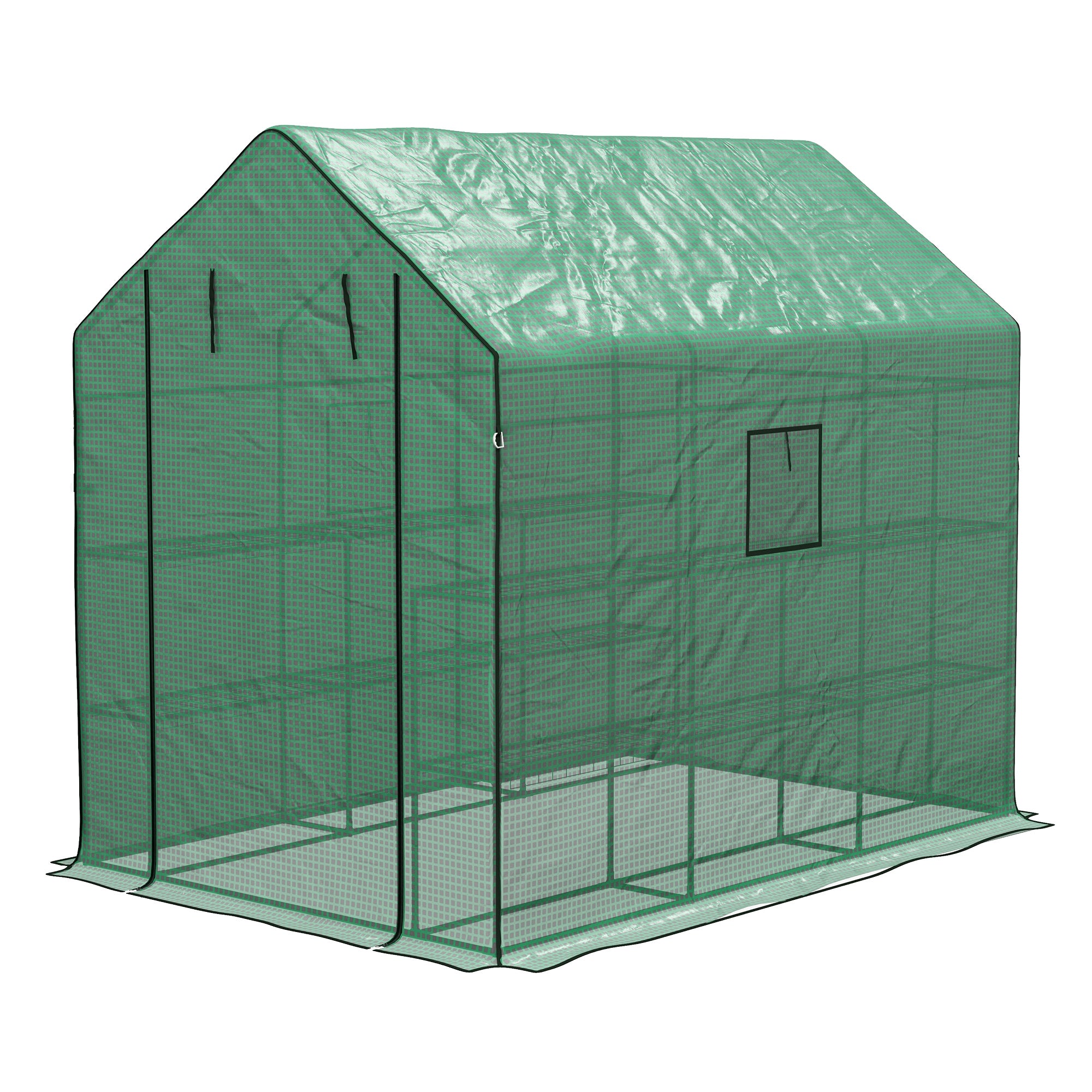 Outsunny Greenhouse Oasis: Walk-In PE Cover with 3 Tier Shelves, Roll-Up Door & Mesh Windows, 140x213x190cm, Verdant Green | Aosom UK