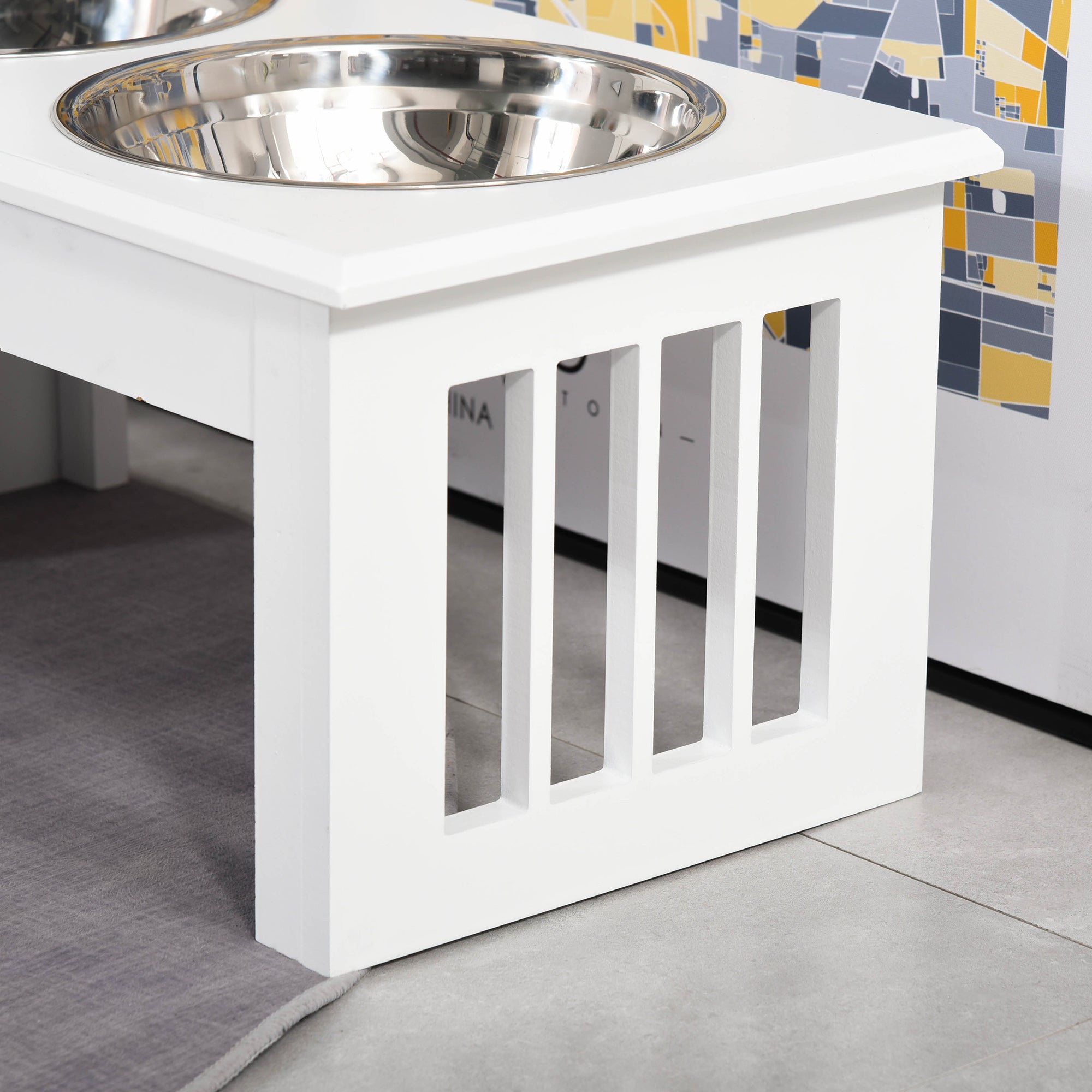 PawHut Raised Dog Feeding Bowls with Stand, Stainless Steel for Extra Small and Small Dog, 44L x 24W x 15H cm - White - North Peak Garden Furniture