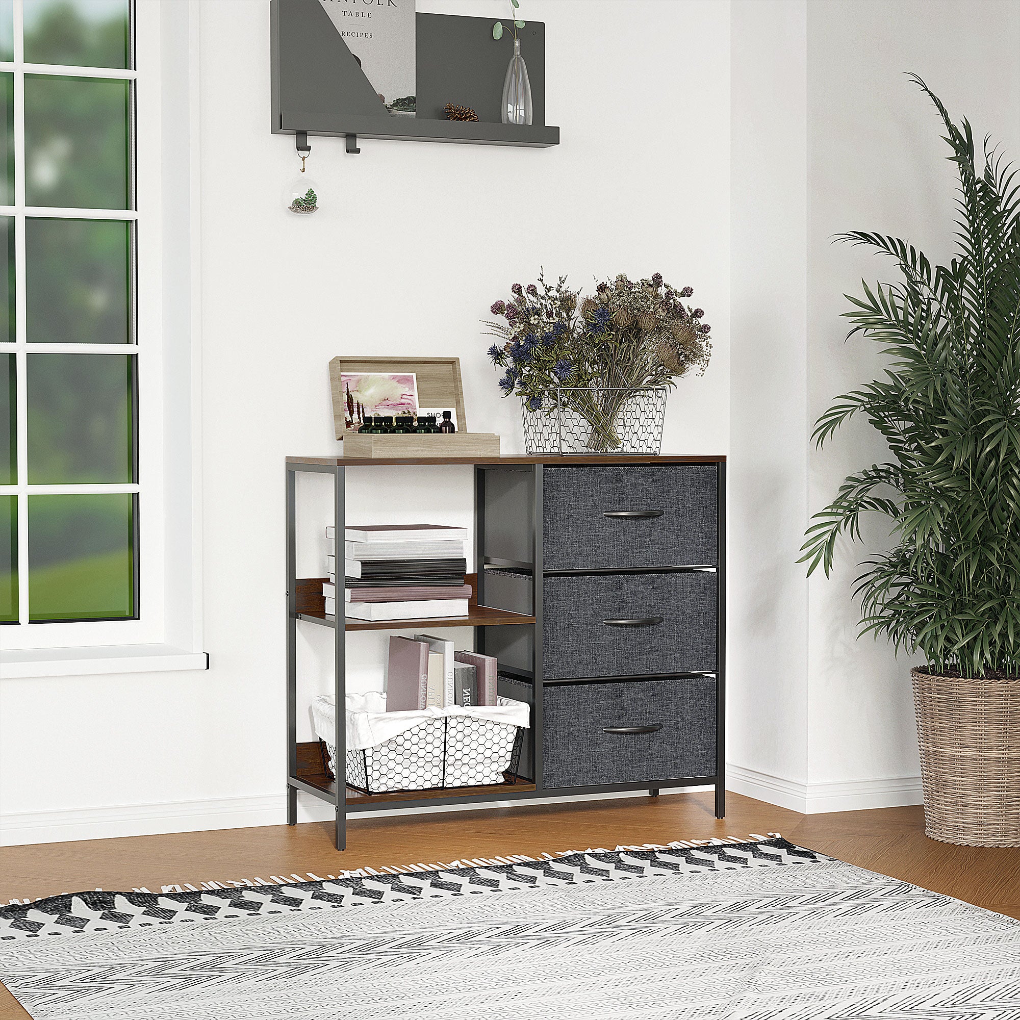 HOMCOM Storage Dresser: 3 Fabric Drawers & 2 Display Shelves in Black for Living Room & Bedroom | Aosom UK