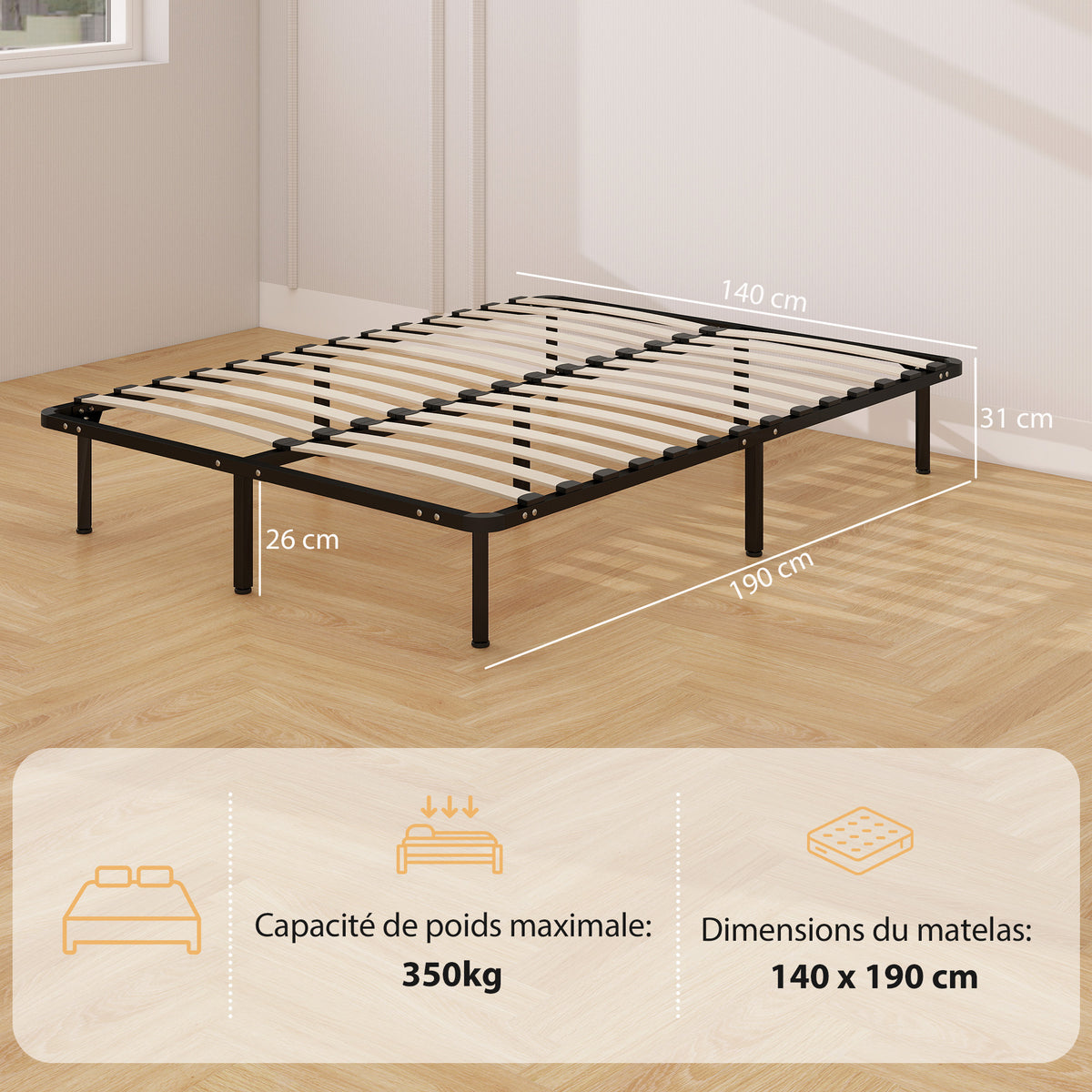 HOMCOM 4ft6 Double Bed Frame, Metal Platform Bed Frame with 2 x 14 Wood Slats, No Box Spring Needed, Underbed Storage, Black