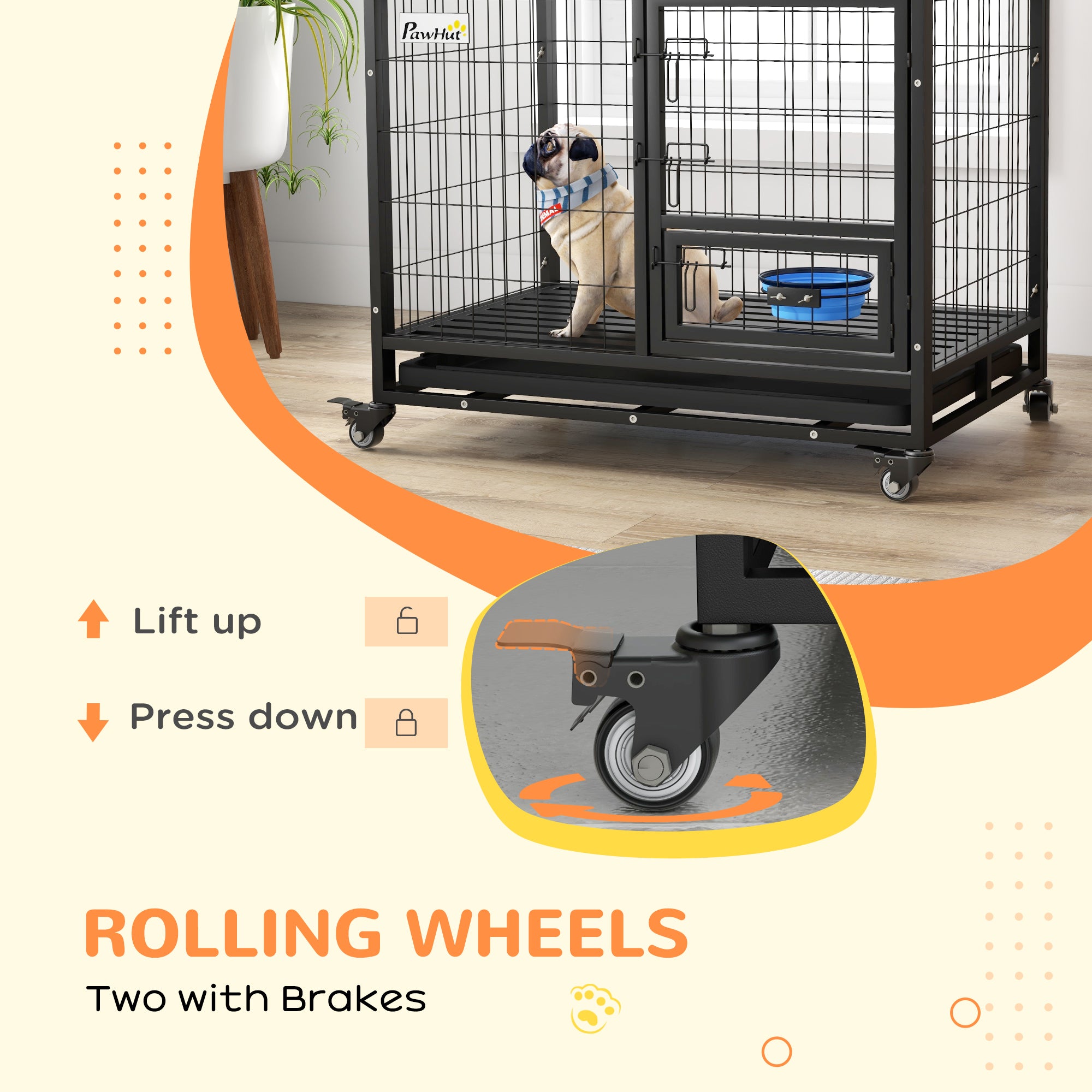 PawHut Heavy Duty Dog Crate on Wheels w/ Bowl Holder, Removable Tray, Openable Top, Detachable Door, for M, L Dogs - North Peak Garden Furniture
