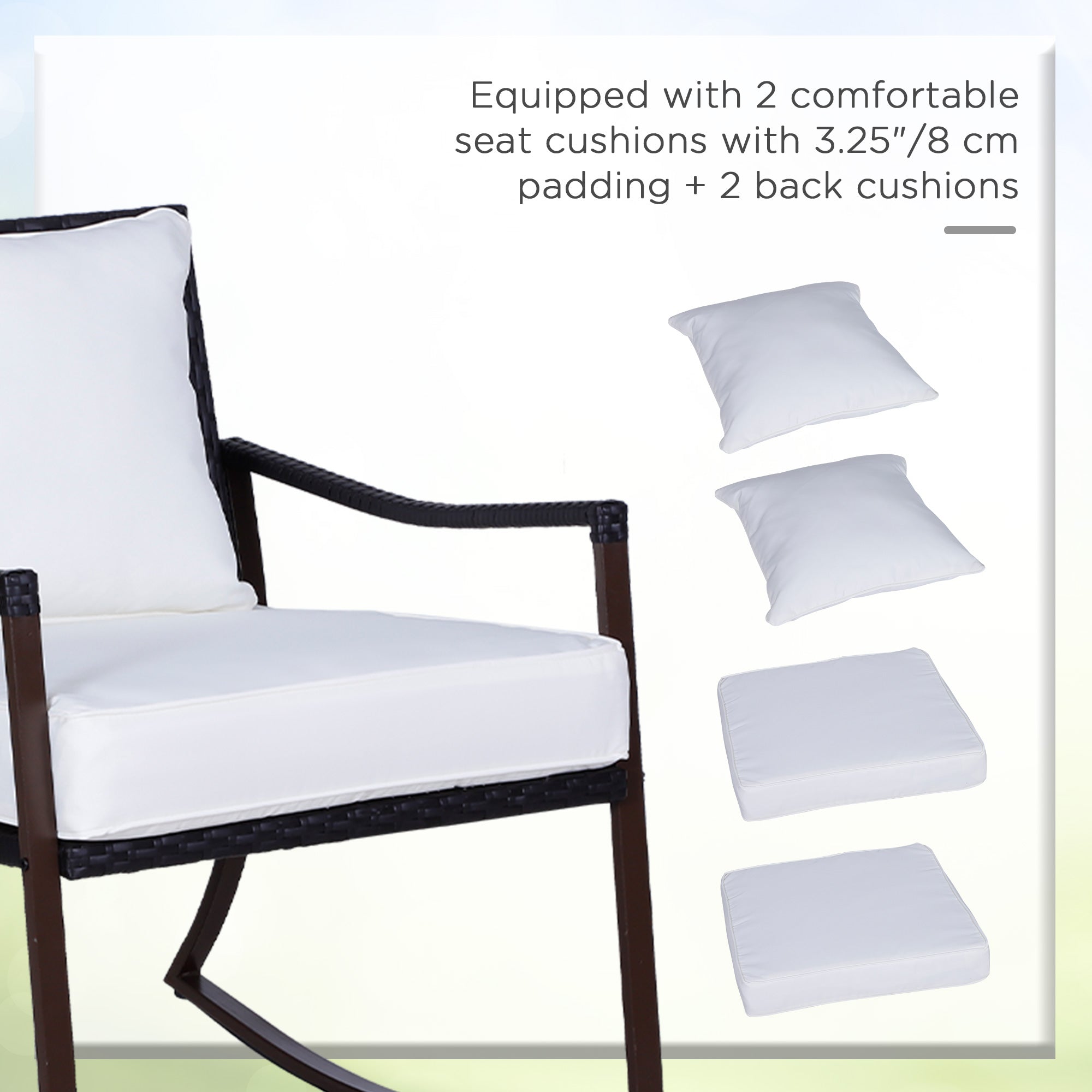 Outsunny 3 Pieces PE Rattan Garden Rocking Chair Set w/ Soft Cushion, Outdoor Rocking Bistro Set with Tempered Glass Round Coffee Table, Pillow, Brown - North Peak Garden Furniture