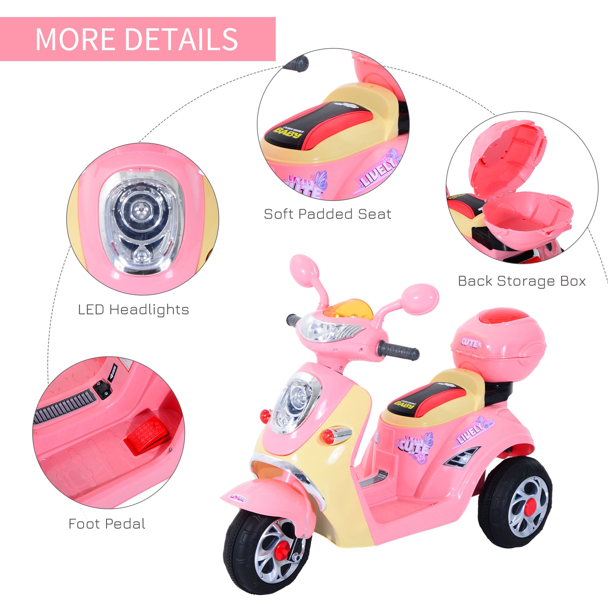 HOMCOM Kids Electric Ride On Toy Car 6V Electric Motorbike with Chargeable Battery Headlight and Music for 3-5 Years - Pink