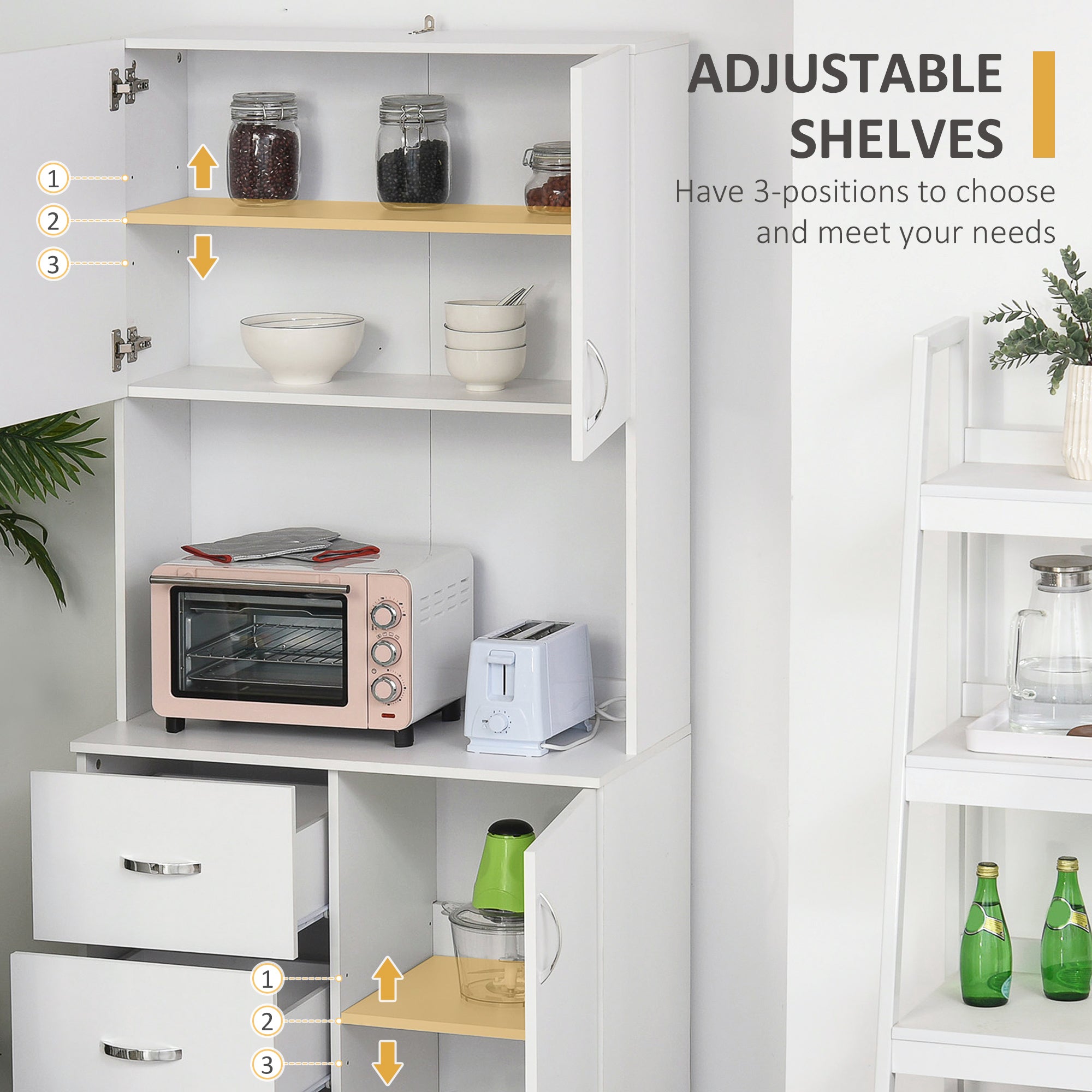 HOMCOM Free standing Kitchen Cupboard, Storage Cabinet with Doors and Sheleves, 3 drawers and Open Space, Adjustable Height Storage Unit, White - North Peak Garden Furniture