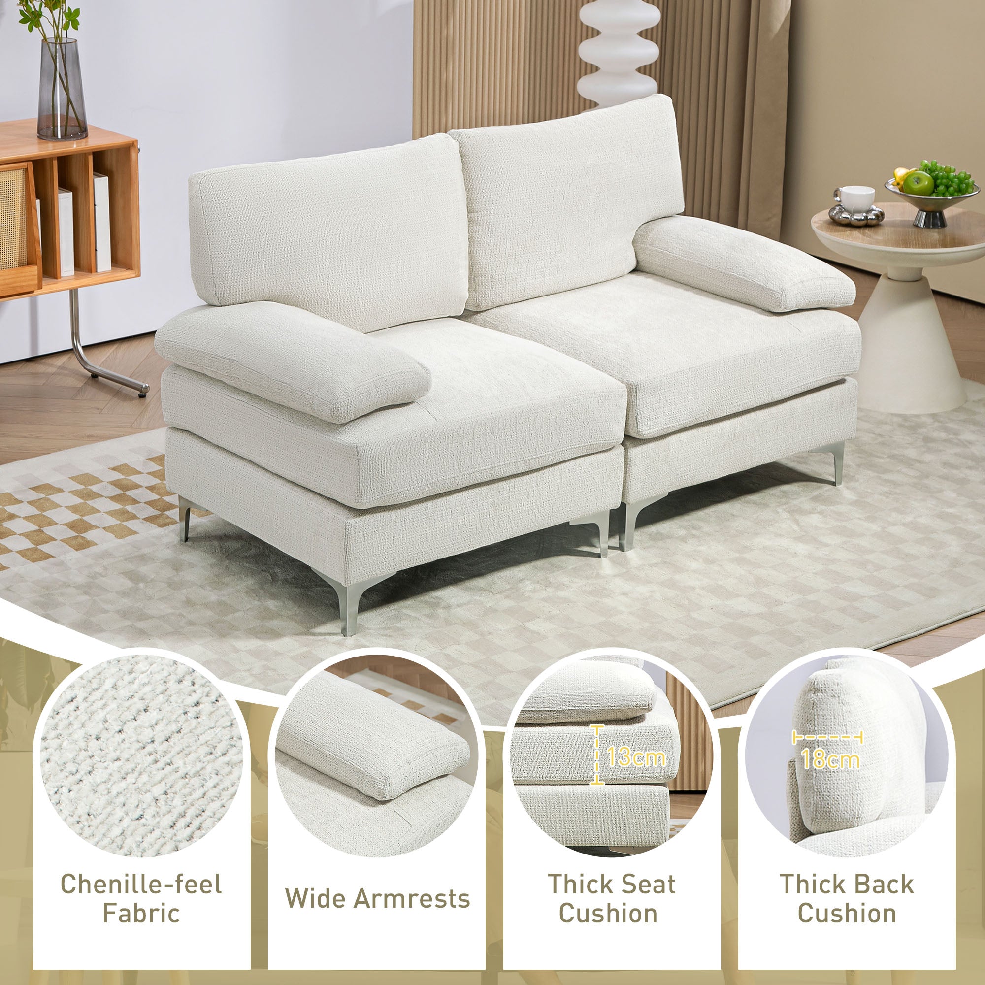 HOMCOM 2 Seater Sofa, Modern Fabric Loveseat with Spring Cushion and Metal Legs, Small Couch for Living Room, Bedroom, Home Office, Reception, Cream White