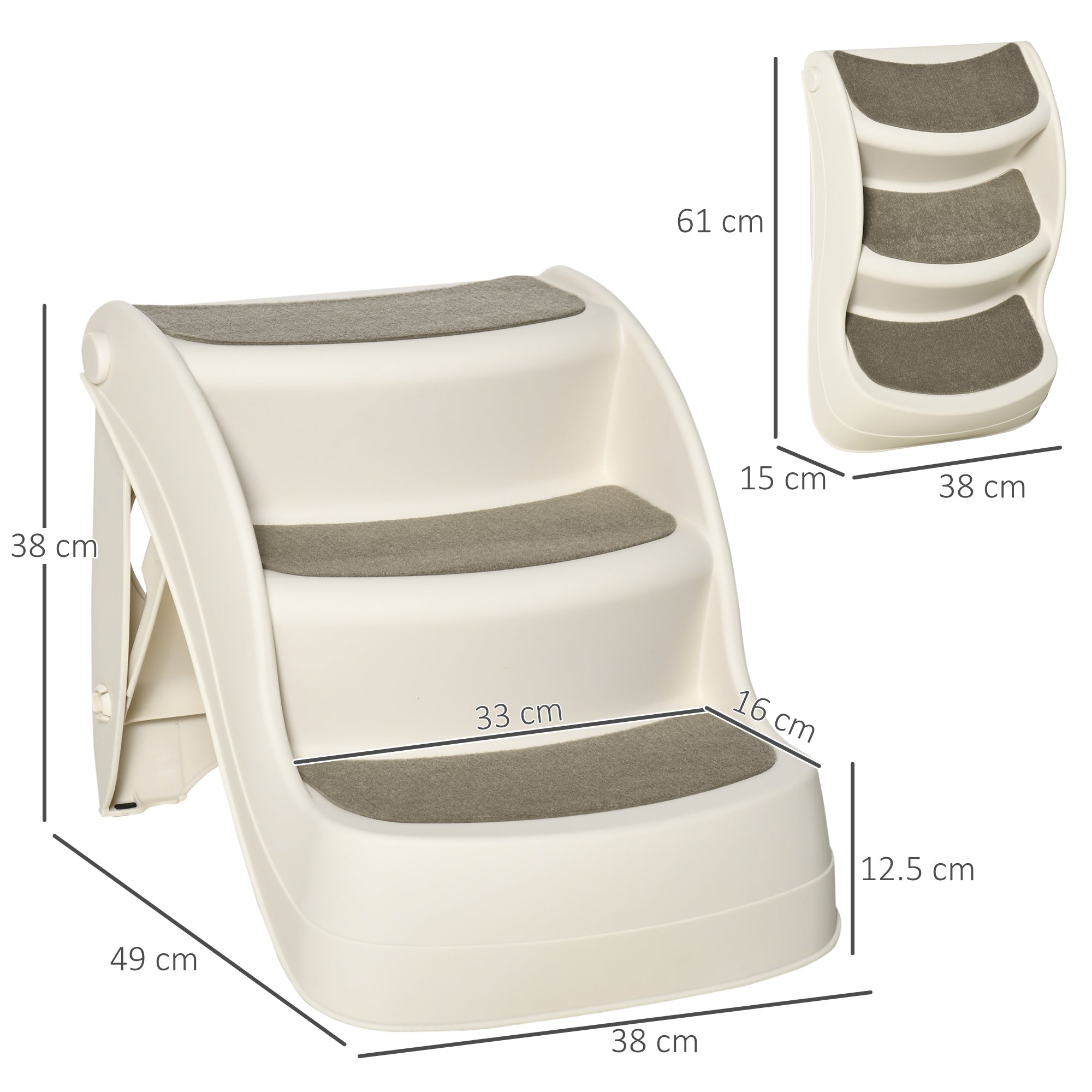 PawHut Foldable Pet Stairs Portable Dog Steps 3-Step Design with Non-slip Mats for High Beds, Sofas, 49 x 38 x 38 cm, Cream - North Peak Garden Furniture