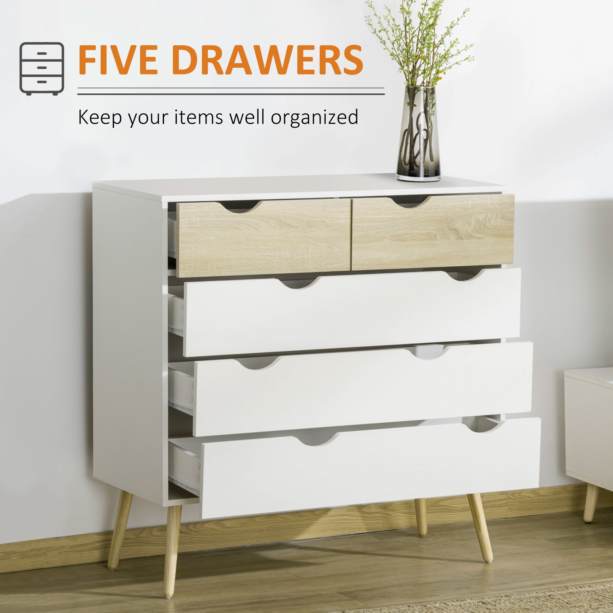 HOMCOM Nordic Style Chest of Drawers, 5 Drawer Dresser with 4 Tapered Legs and Groove Handles, Storage Organizer Side Cabinet for Bedroom, Living Room