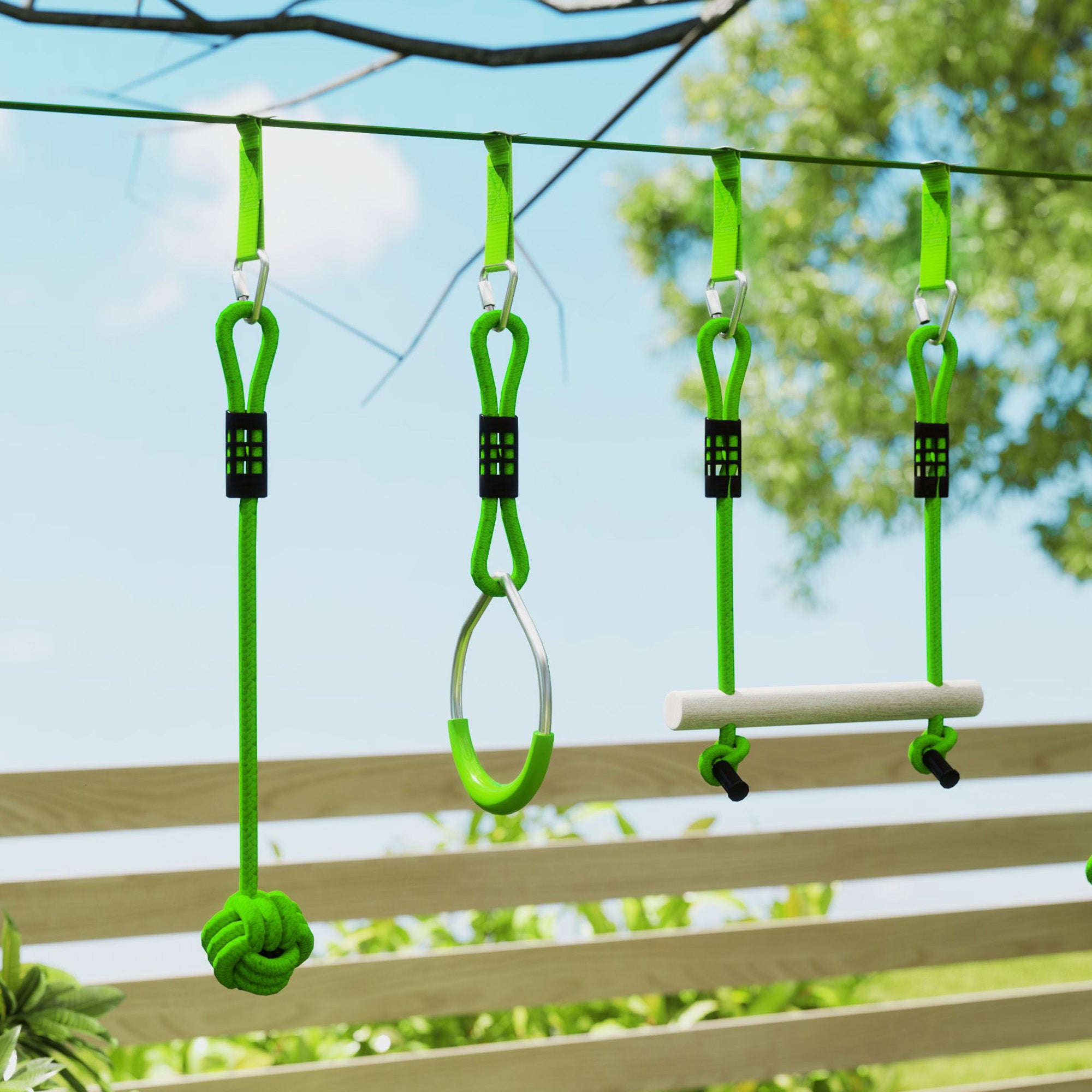 AIYAPLAY Obstacle Course for Kids with 10PCs Slackline Kit, with Monkey Bars, Gym Rings, Rope Ladder, Nest Swing, Hanging Tray - North Peak Garden Furniture