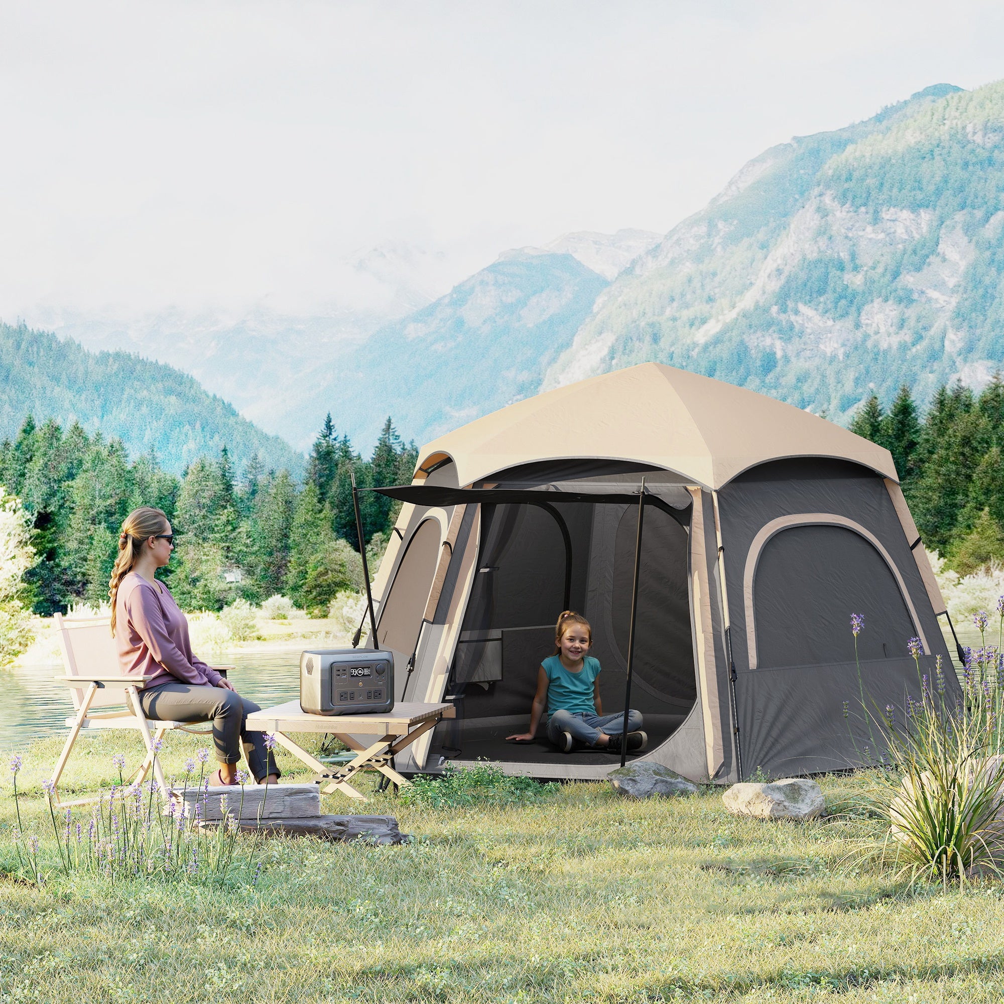 Outsunny Instant Camping Tent, 2/3/4 Person Easy Setup Family Tent with Vestibule, Rainfly, 4 Mesh Windows & 2 Doors, Hexagonal Design, Waterproof UV Protected Dome Tent, Dark Grey