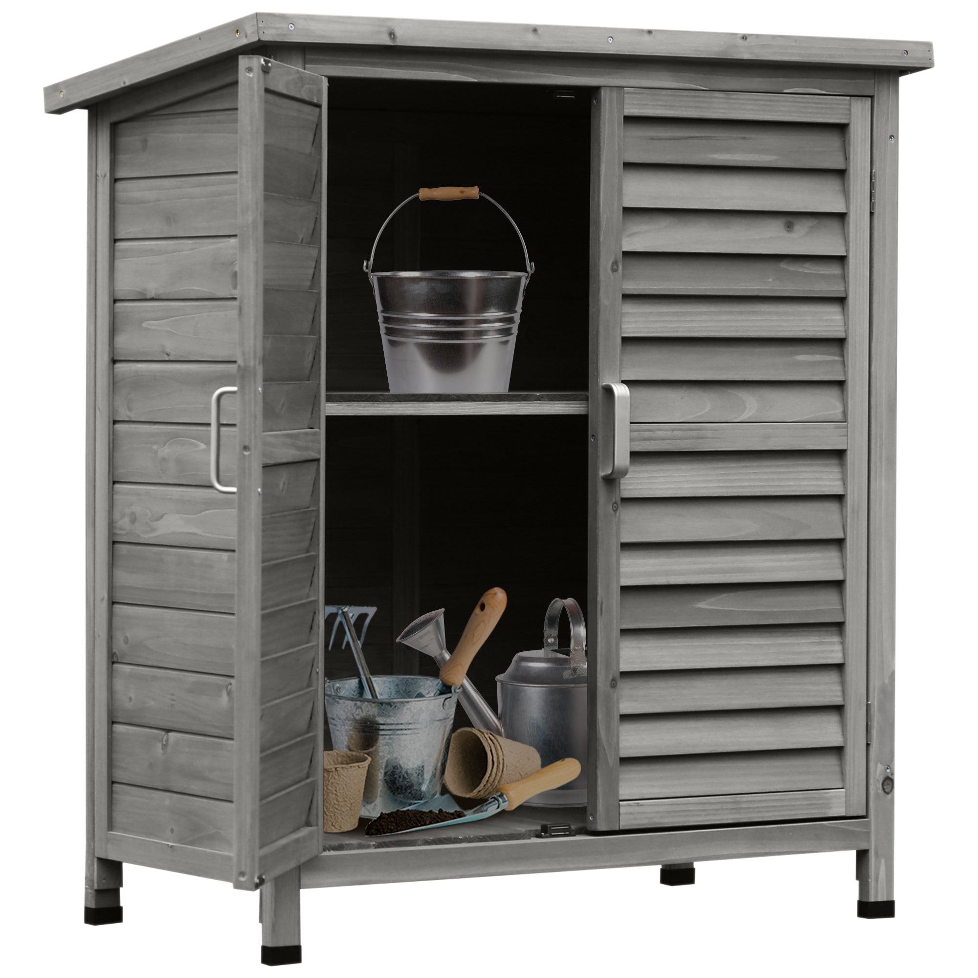 Outsunny Garden Shed Wooden Garden Storage Shed 2 Door Unit Solid Fir Wood Garage Tool Organisation Cabinet, 87L x 46.5W x 96.5Hcm, Grey