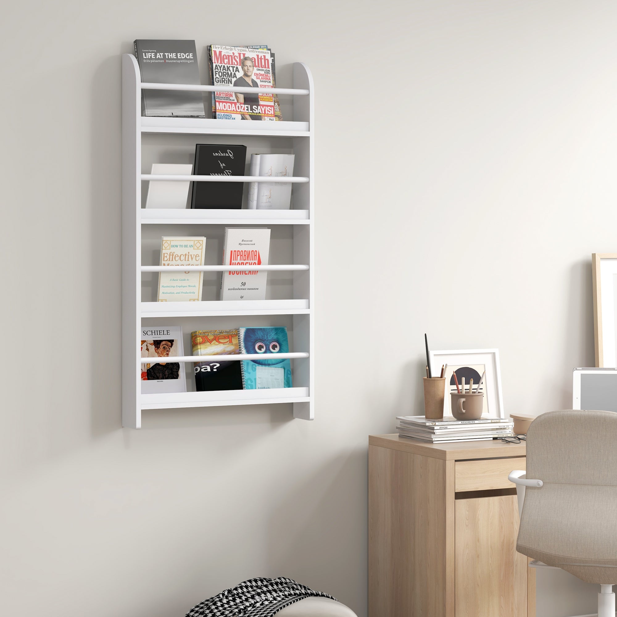 HOMCOM Wood Wall/Standing Magazine Holders Book Rack Shelf 4 Tiers Space Saving Design Water Resist Home Office Decoration - North Peak Garden Furniture