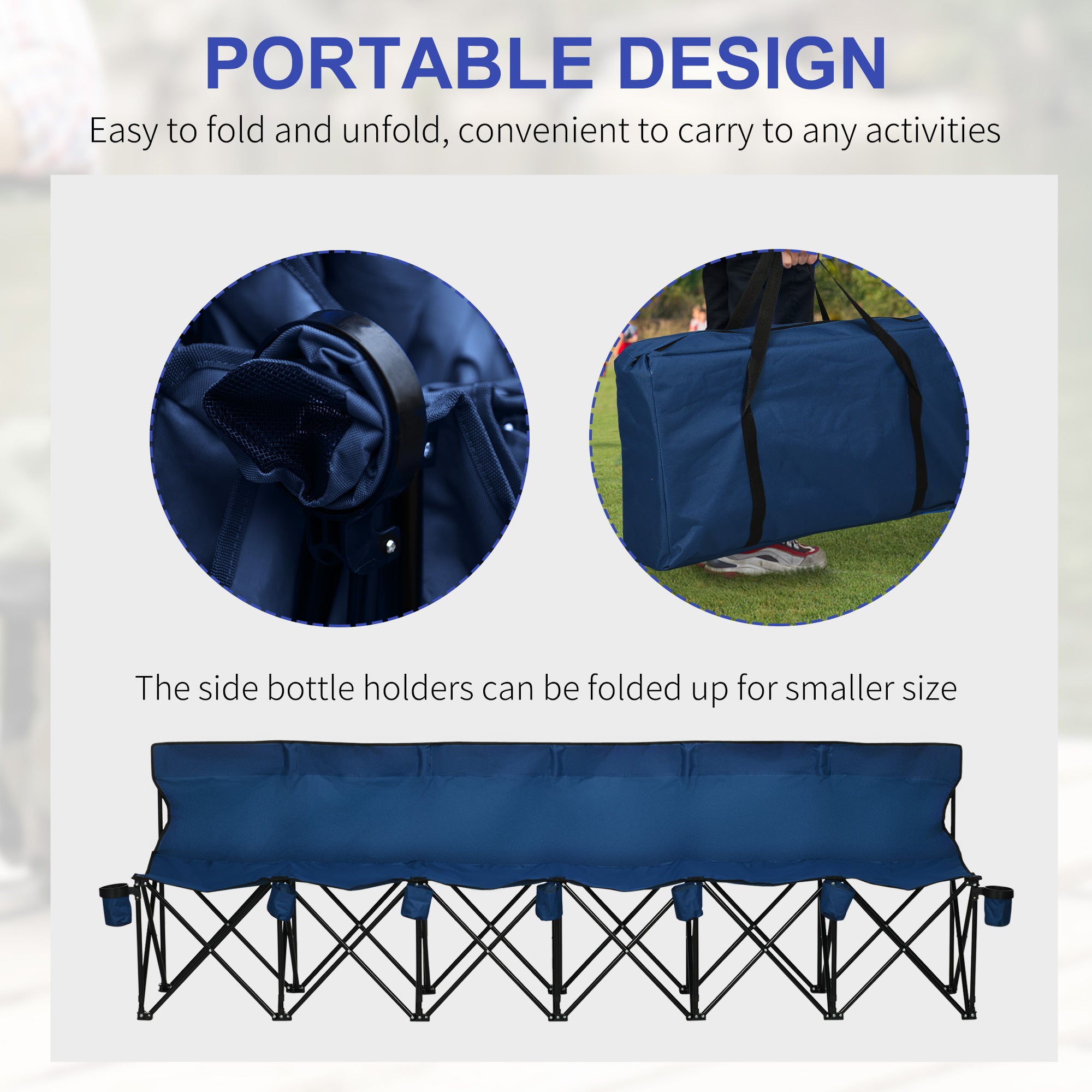 Outsunny 6 Seater Folding Bench, Outdoor Camping Chair Portable Sports Spectator Chair with Steel Frame, Cup Holder & Carry Bag, Blue - North Peak Garden Furniture