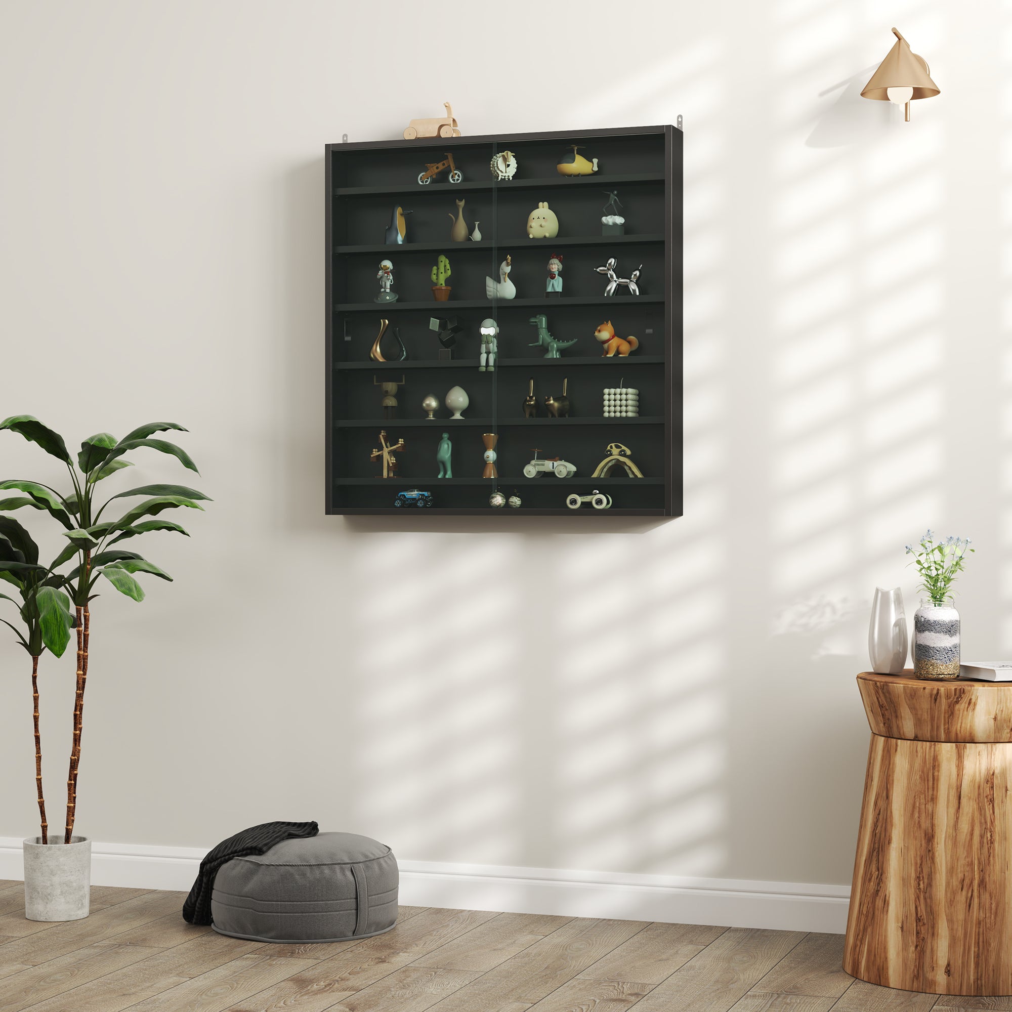 HOMCOM 7-Tier Wall Display Shelf Unit Cabinet w/ 6 Adjustable Shelves Glass Doors Home Office Ornaments 83x80cm, Black - North Peak Garden Furniture