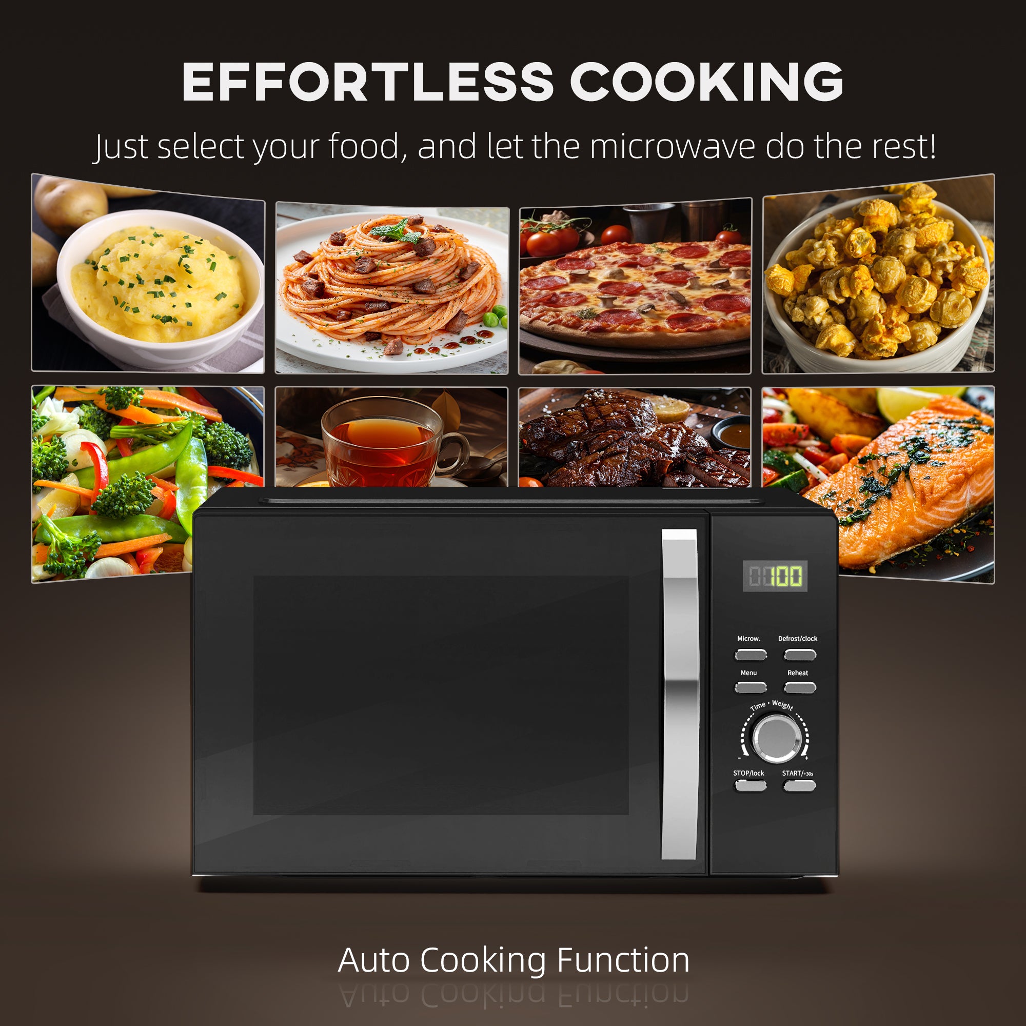 HOMCOM 23L 800W Microwave Oven, Digital Solo Microwave with 5 Power Levels, Automatic Defrost, 8 Auto Cook Menus, 60 Minutes Timer, Clock, Easy Clean, Small Black Microwave - North Peak Garden Furniture