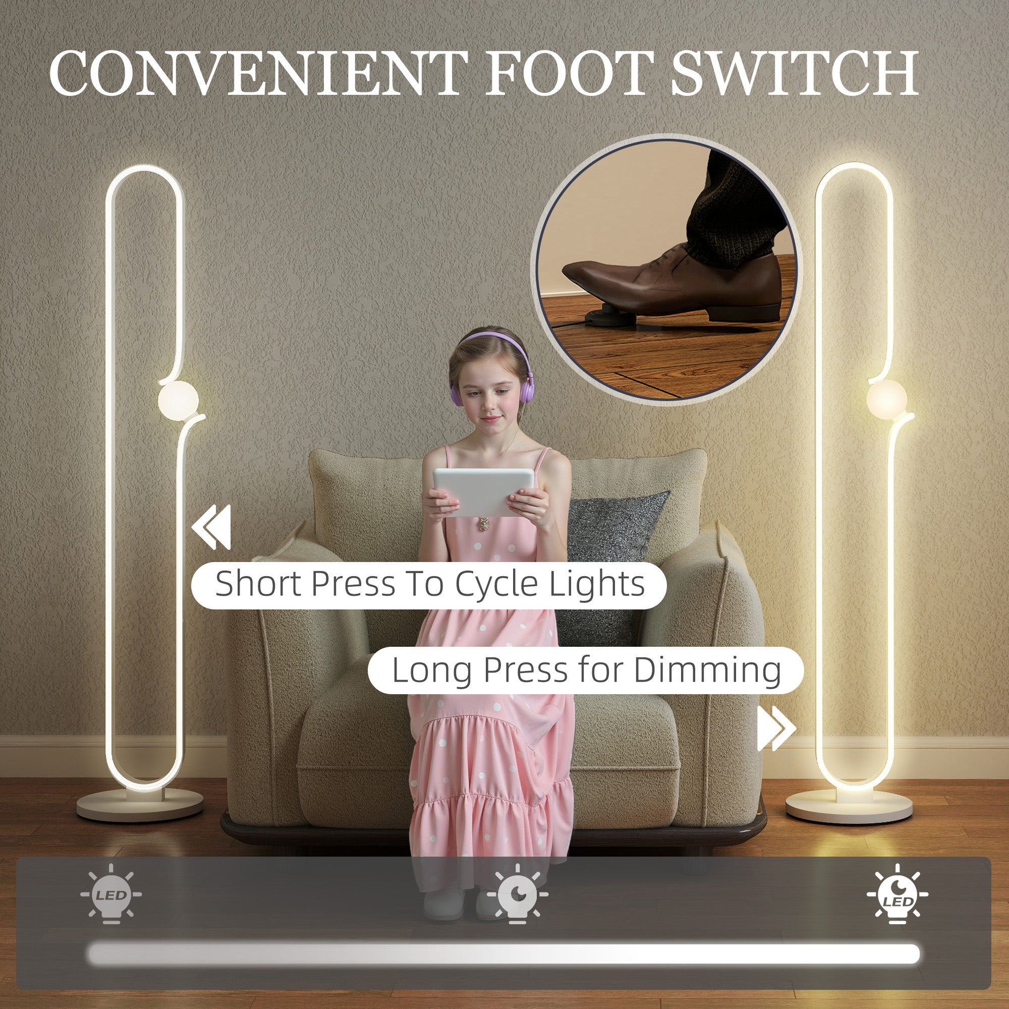 HOMCOM LED Floor Lamp, Dimmable Floor Standing Lamp with Glass Night Light, Foot Switch for Living Room, Bedroom, Office, White - North Peak Garden Furniture