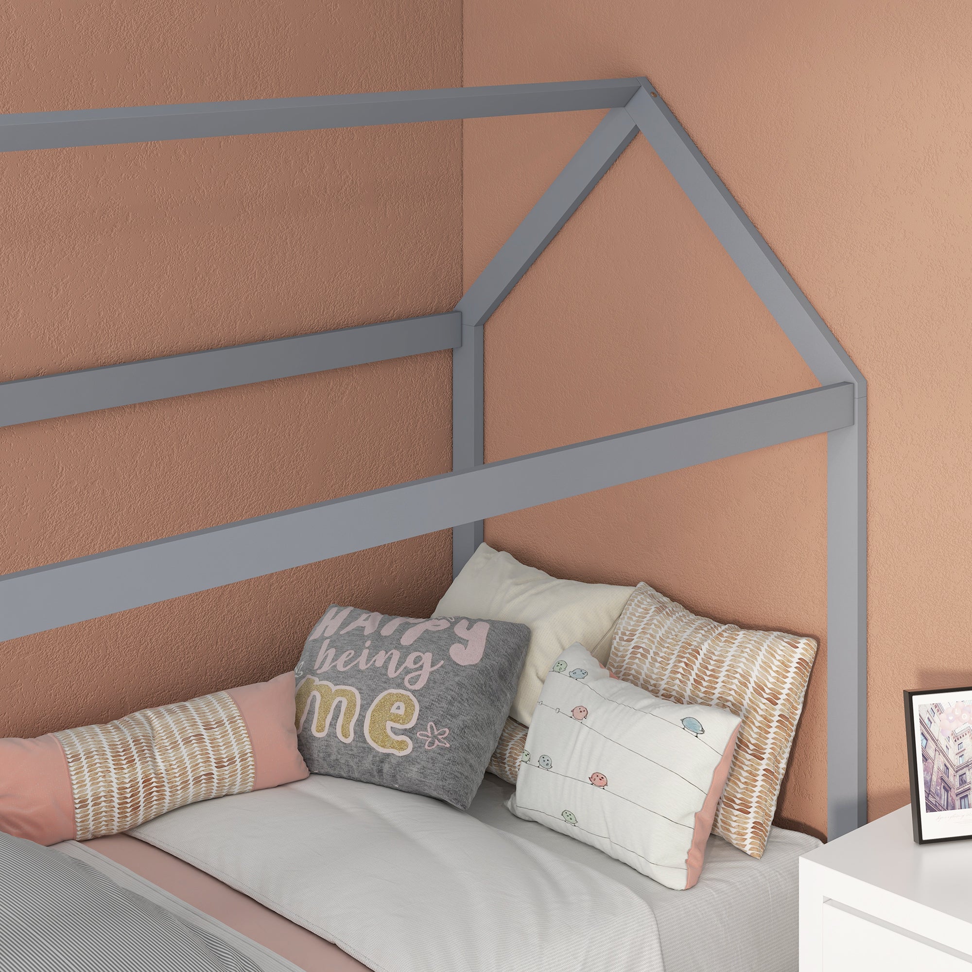 HOMCOM Single Bed Frame, House Scandinavian Style Wooden Bed Frame for 90W x 190Dcm Mattress, Pine Wood Bed Base, Grey - North Peak Garden Furniture