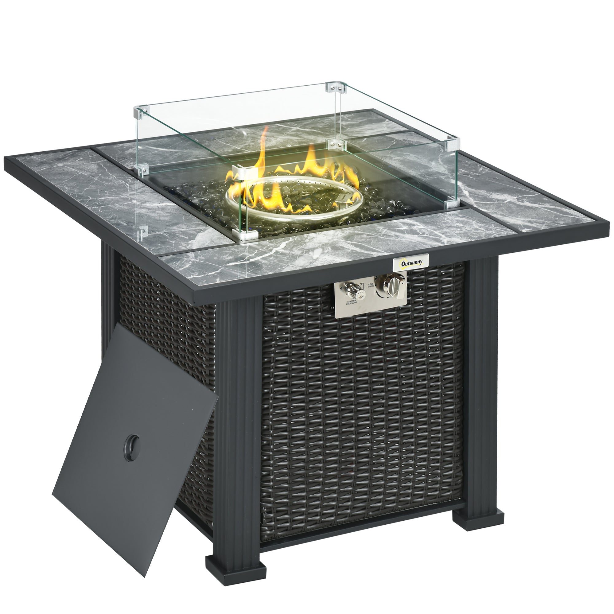 Outsunny Outdoor PE Rattan Gas Fire Pit Table, Patio Square Propane Heater with Marble Desktop, Rain Cover, Glass Windscreen, and Glass Stones, 50,000 BTU, Black