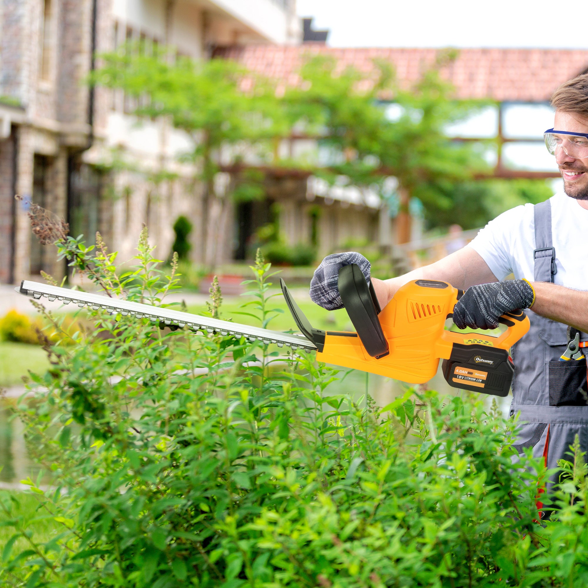 Outsunny Cordless Hedge Trimmer, Electric Hedge Cutter with 51cm Blade, Brushless Motor and 2 x 4.0Ah Batteries for Branches, Shrubs, Twigs, Orange - North Peak Garden Furniture