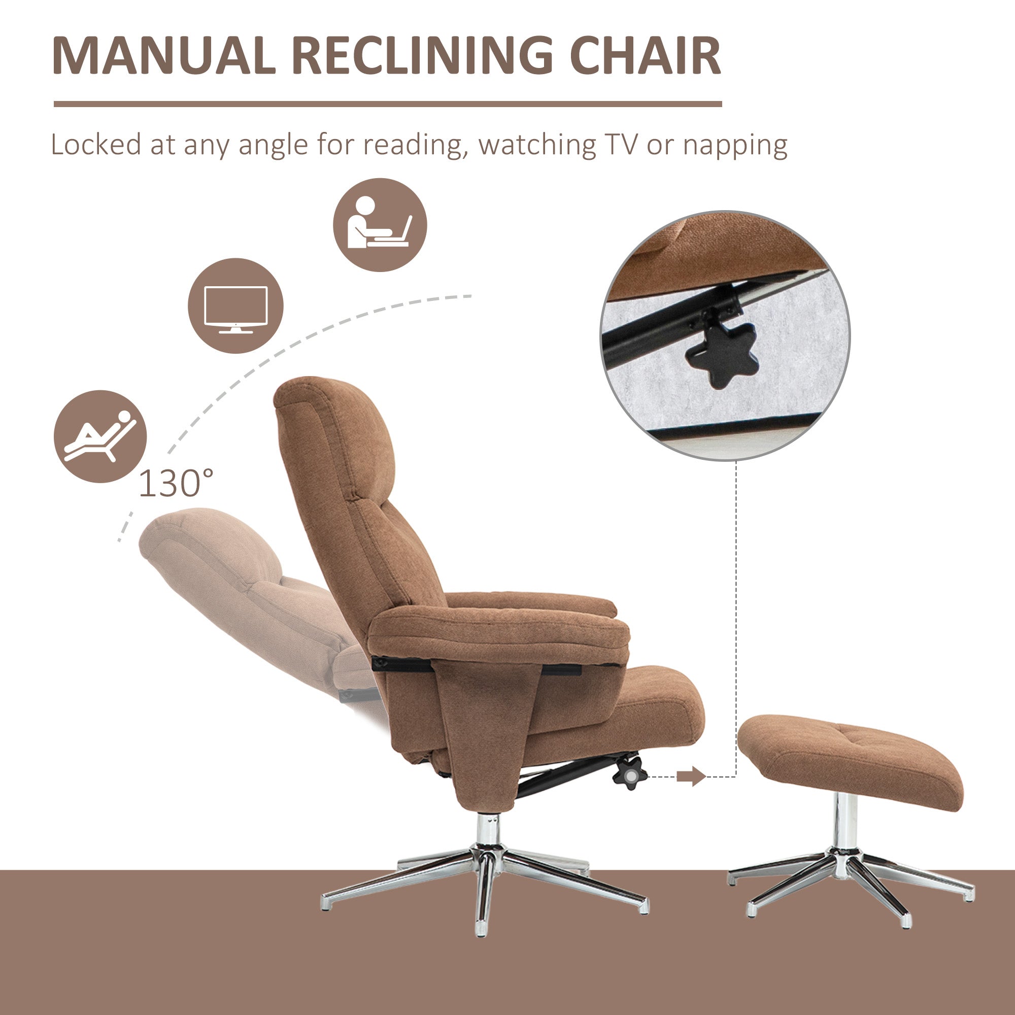 HOMCOM Recliner Chair with Footstool, Upholstered Velvet Fabric Armchair with Adjustable Back, Solid Wood Frame for Living Room, Light Brown - North Peak Garden Furniture