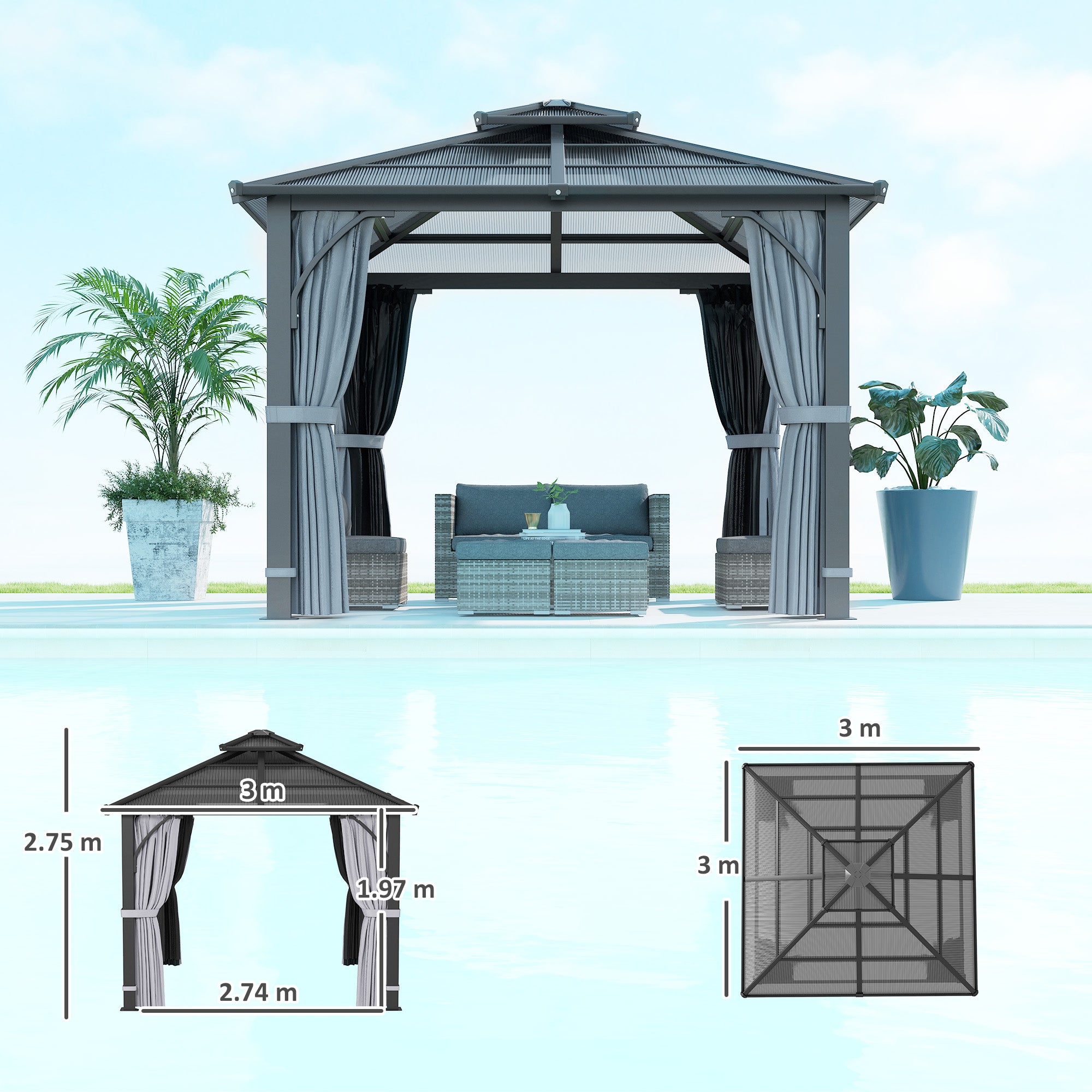 Outsunny 3 x 3(m) Hardtop Gazebo Canopy with 7mm Polycarbonate Double-Tier Roof, Garden Gazebo Permanent Pavilion with Mosquito Netting and Curtains for Patio, Deck, Dark Grey