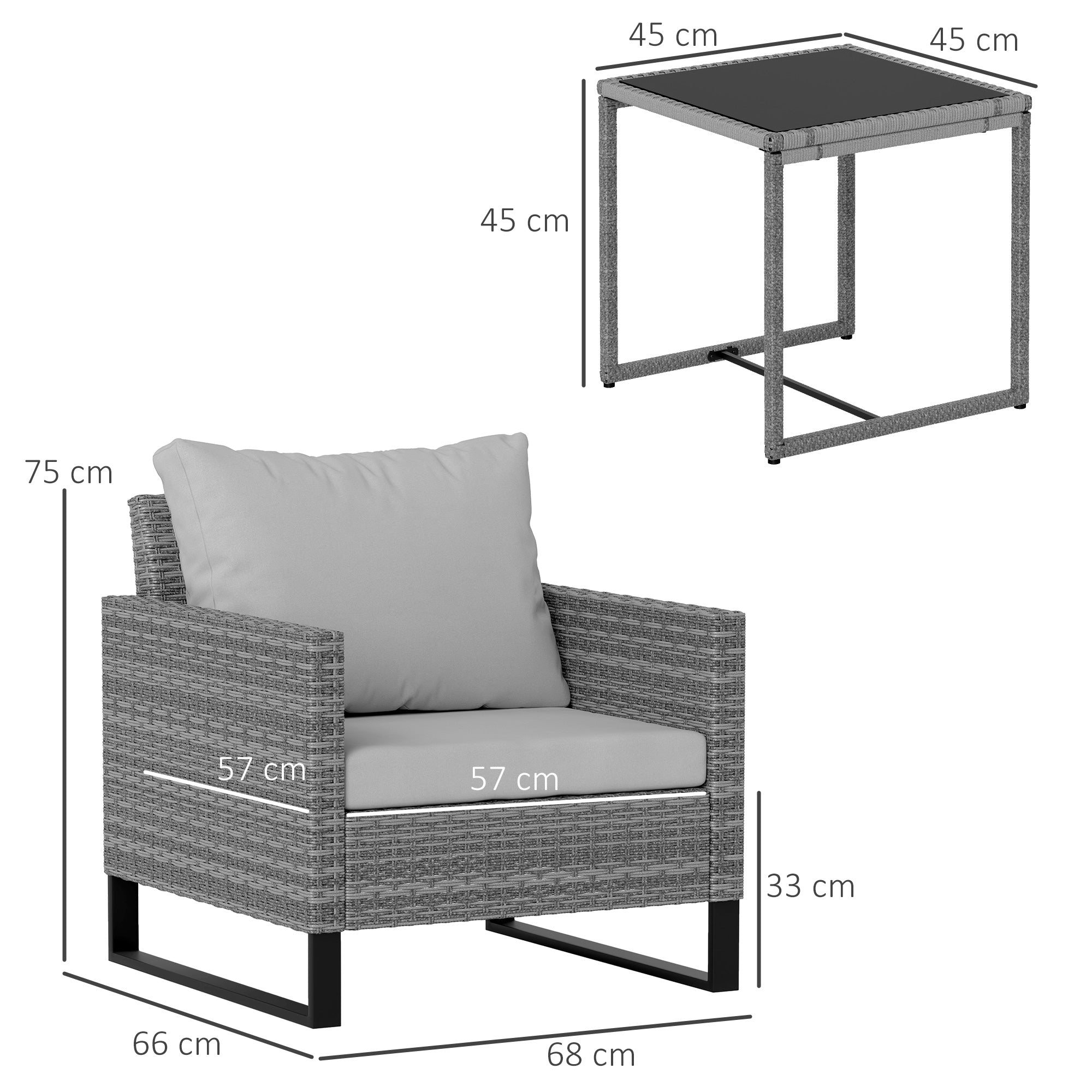 Outsunny 3 Pieces Rattan Bistro Set with 4 Cushions, Wicker Garden Furniture Set, Glass Top Coffee Table and Chairs for Outdoor Patio, Balcony, Terrace and Conservatory, Grey - North Peak Garden Furniture