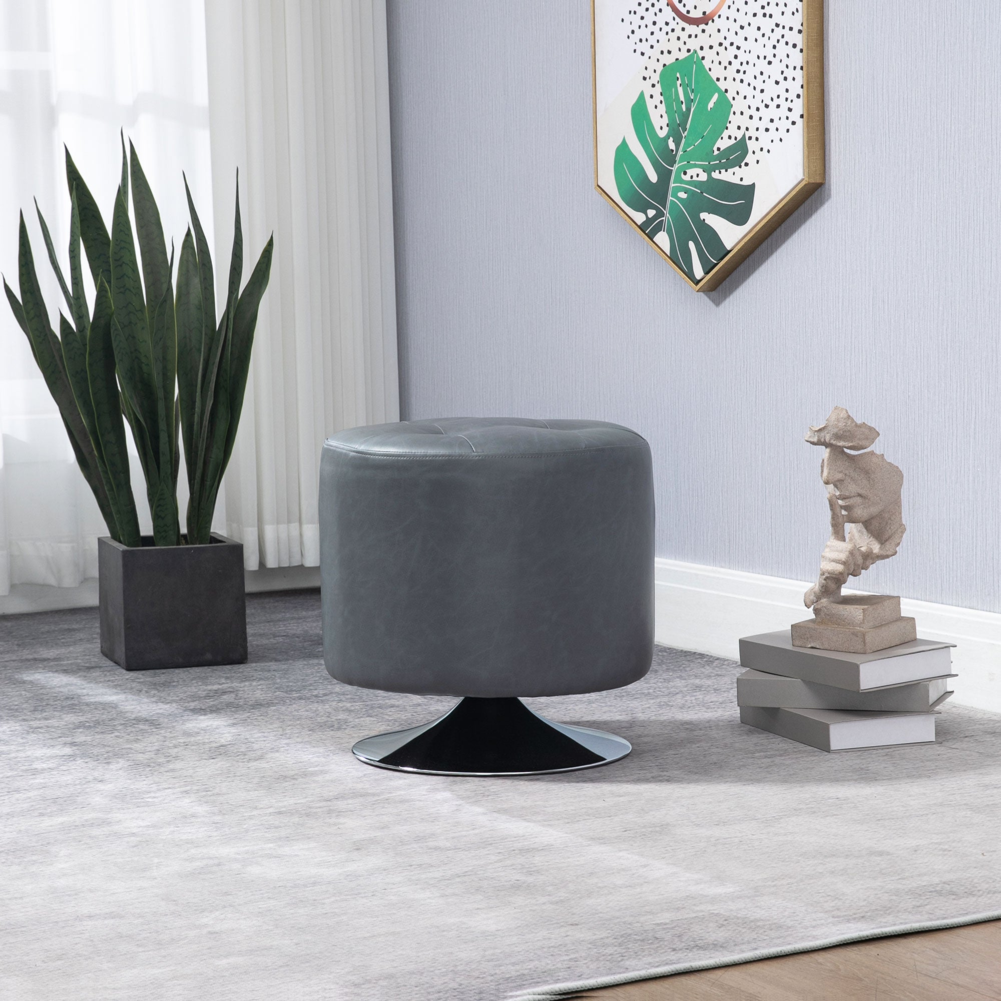 HOMCOM 360° Swivel Foot Stool Round PU Ottoman with Thick Sponge Padding and Solid Steel Base, Grey - North Peak Garden Furniture