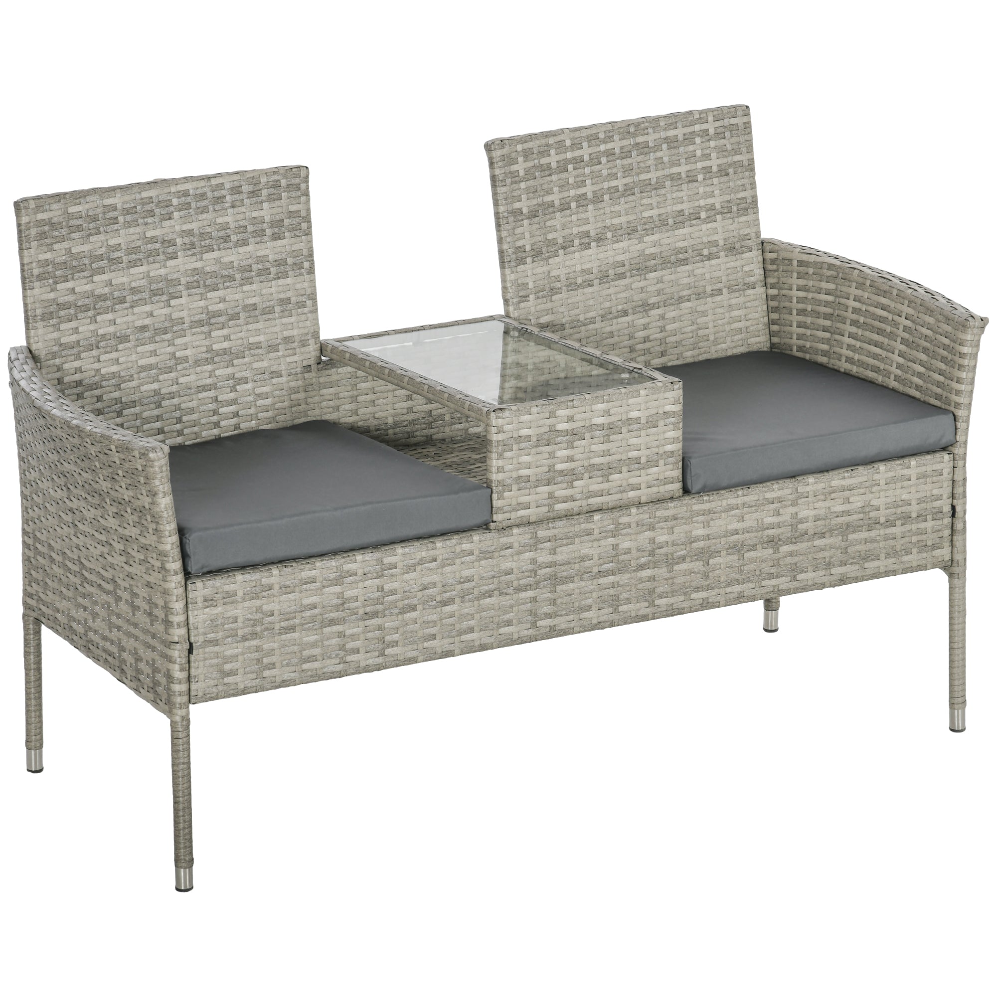 Outsunny Two-Seat Rattan Chair, with Middle Table - Light Grey - North Peak Garden Furniture