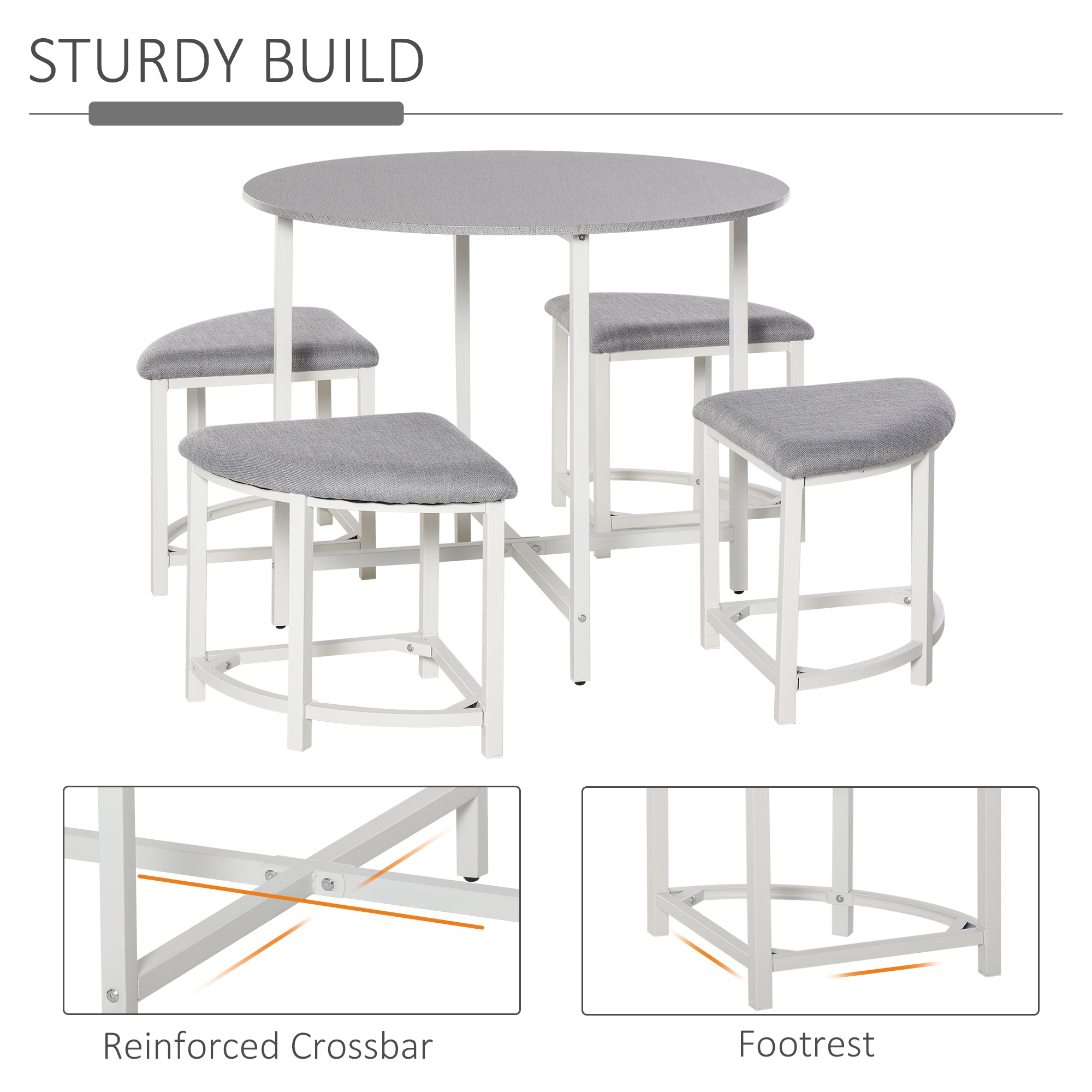 HOMCOM Modern Round Dining Table Set with 4 Upholstered Stools for Dining Room, Kitchen, Dinette - North Peak Garden Furniture