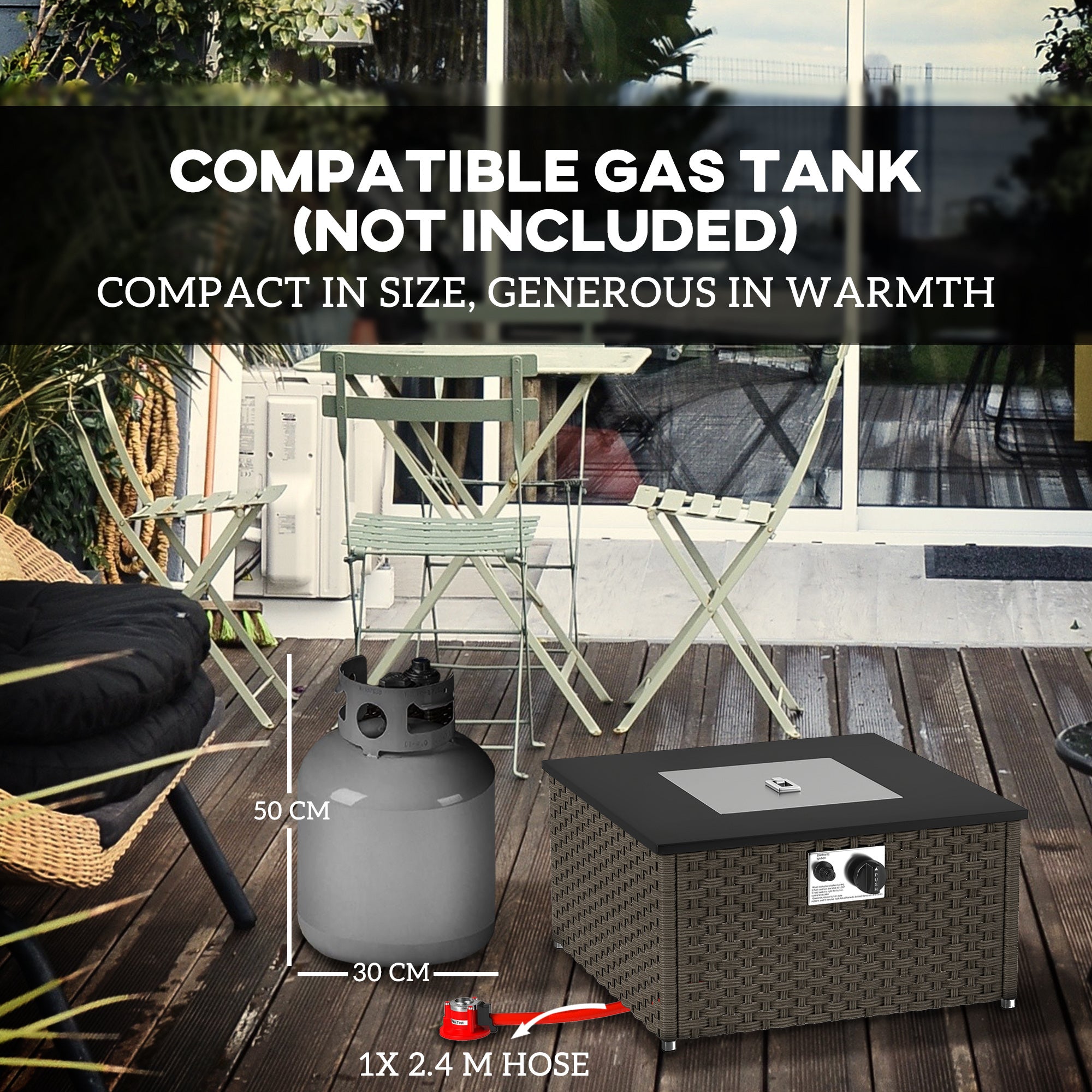Outsunny Rattan Gas Fire Pit Table for Garden, 13 KW Smokeless Propane Fire Pit with Lid, Square Garden Coffee Table with Patio Heater for Outdoor, Patio, 58 x 58 x 33 cm, Grey - North Peak Garden Furniture