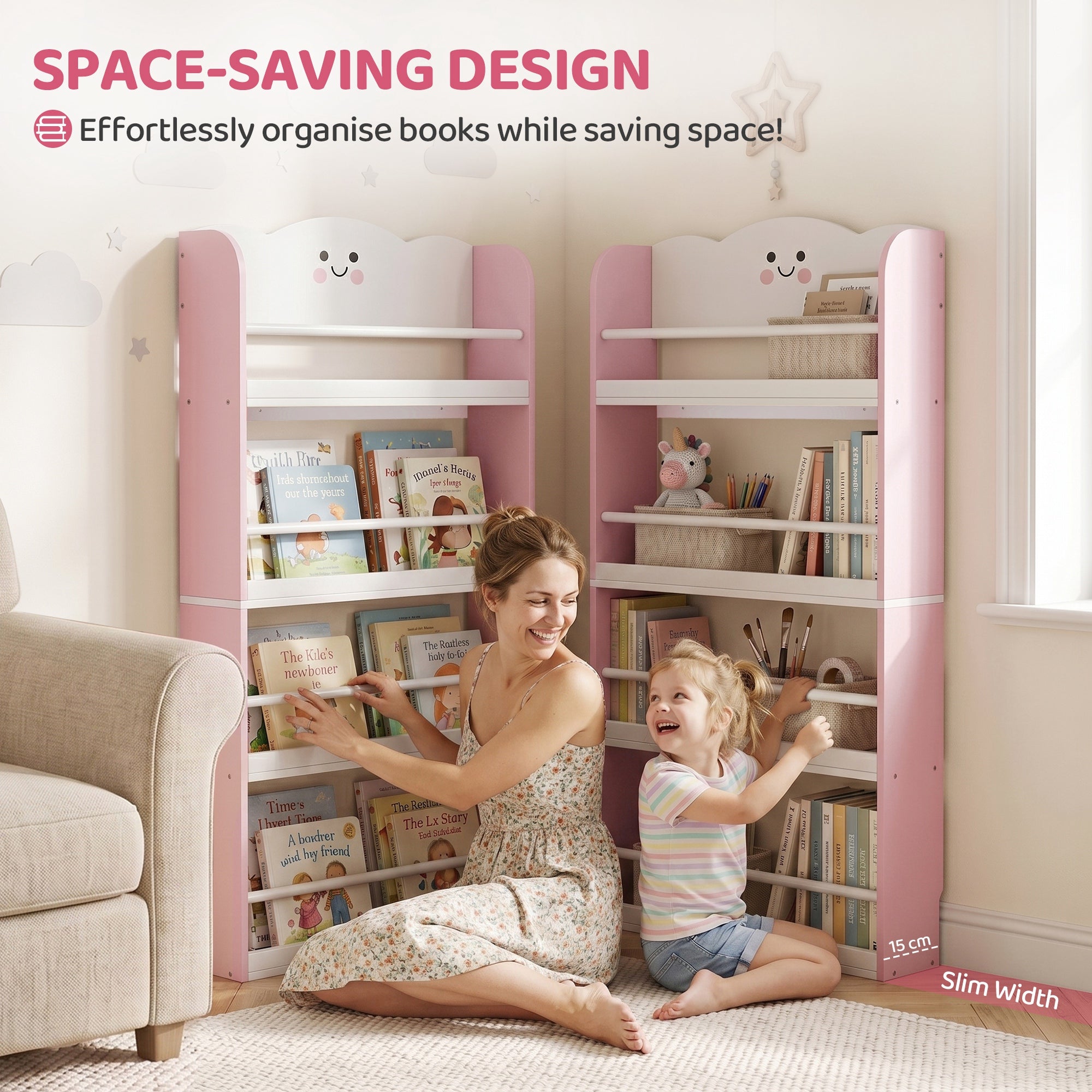 AIYAPLAY 4 Tier Kids Bookshelf, Children Bookcase with Anti-Tip Kit, Toddler Space-Saving Bookcase for Kids Room, Playroom, Pink