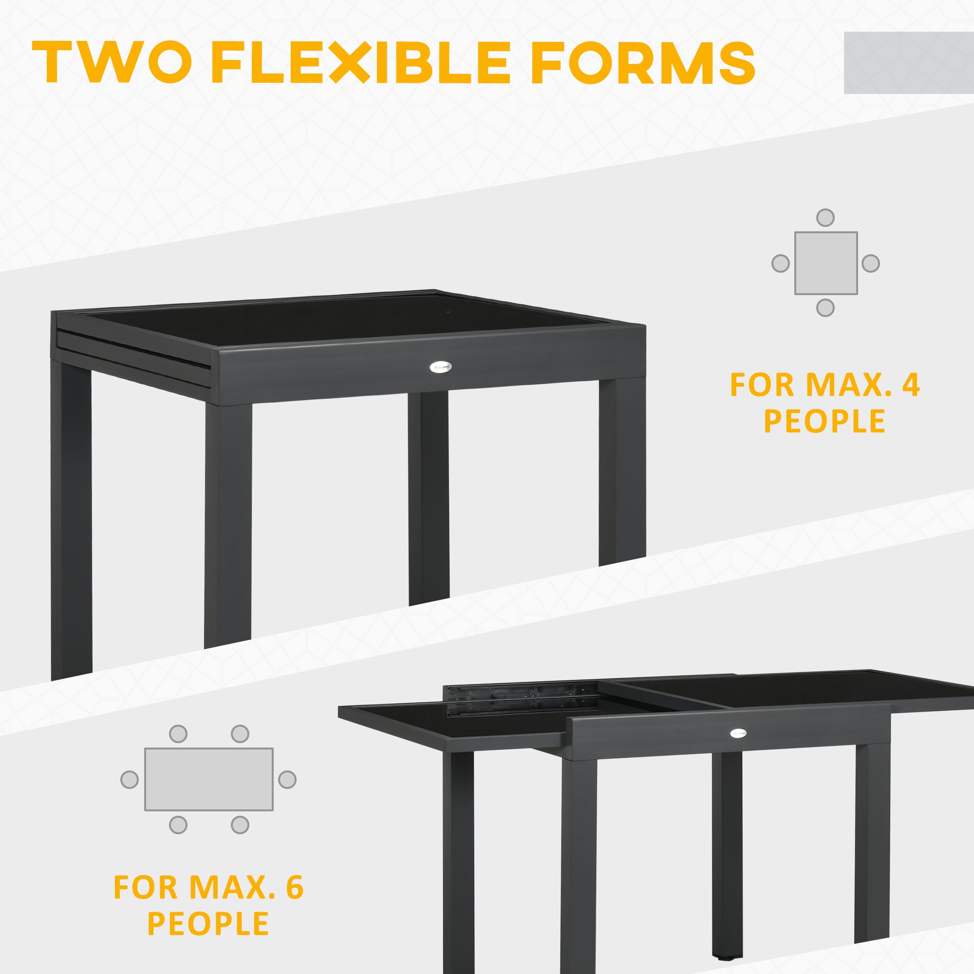 Outsunny Extending Garden Table, Outdoor Dining Table with Aluminium Frame and Tempered Glass Tabletop, 80/160 x 80 x 75 cm, Black - North Peak Garden Furniture