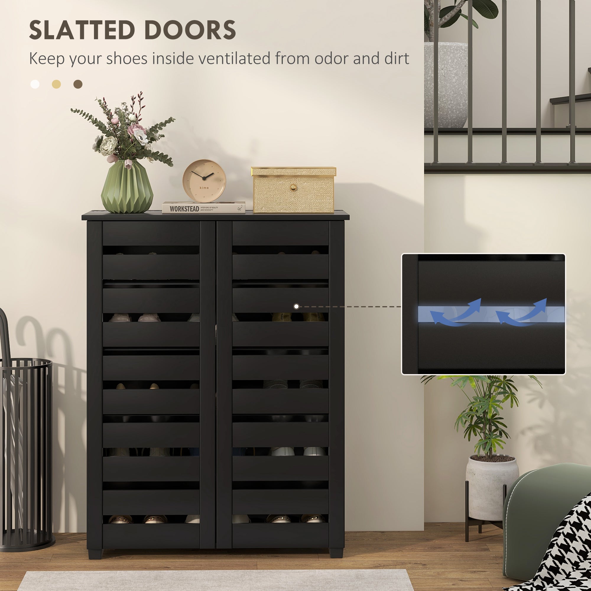 HOMCOM Narrow Shoe Cabinet for Entryway, 5-Tier Slim Shoe Storage Cabinet with 2 Slatted Doors and Adjustable Shelves