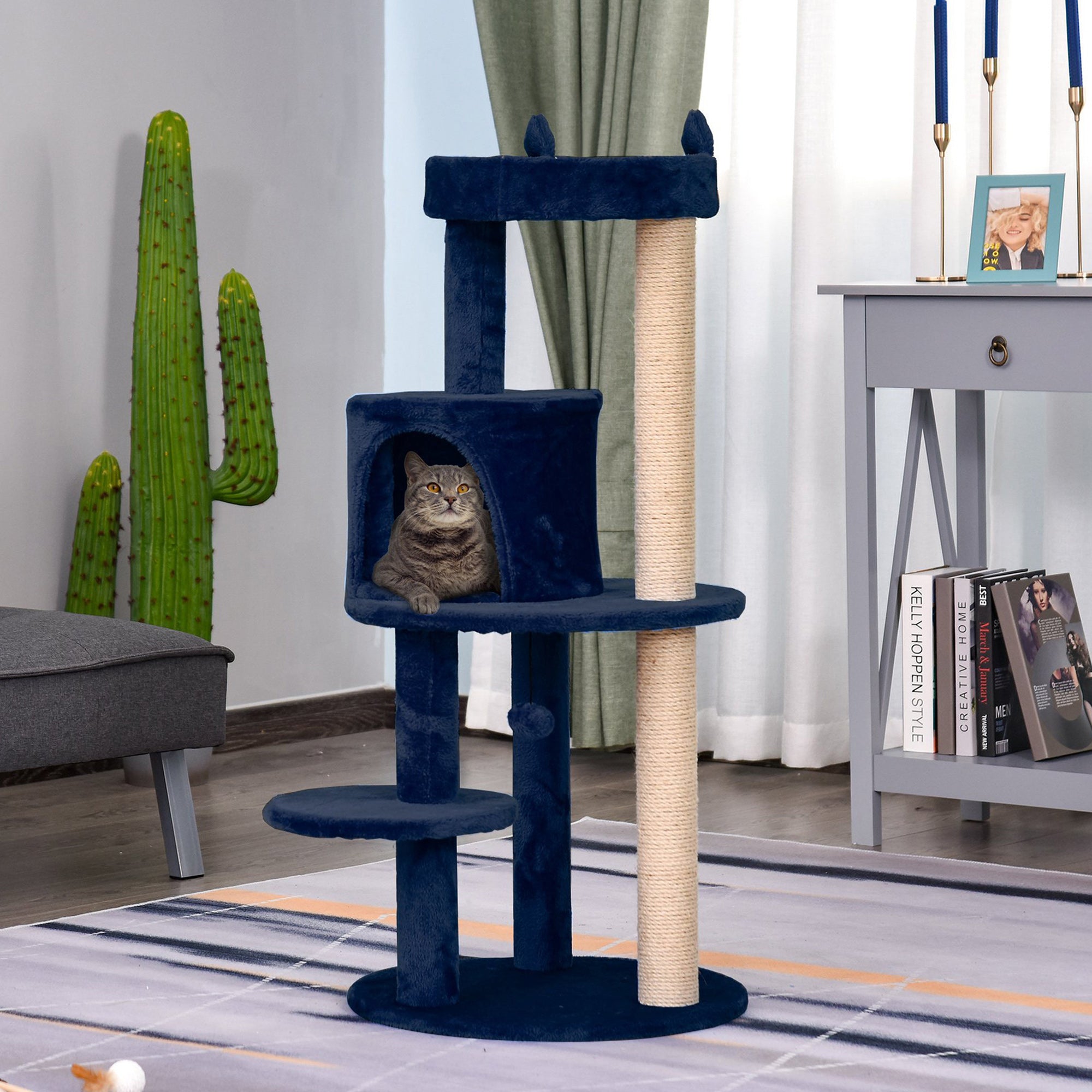 PawHut 104 cm Cat Tree, Cat Condo Tree Tower, Cat Activity Centre with Scratching Posts, Plush Perches, Hanging Ball - Blue - North Peak Garden Furniture