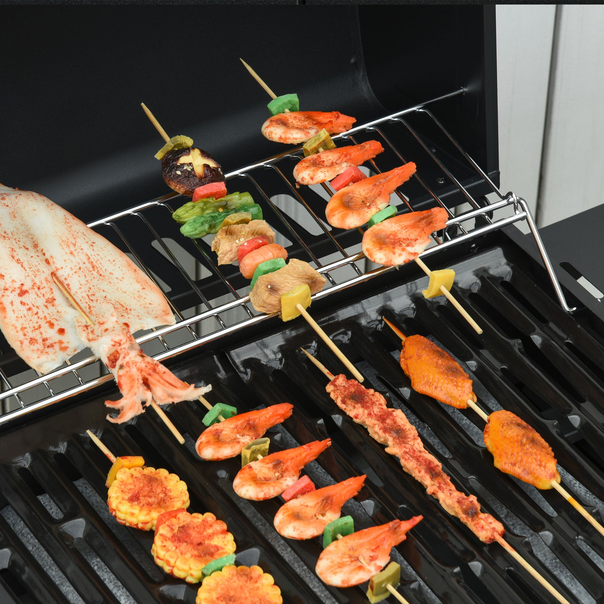 Outsunny Gas Burner Barbecue Grill 3+1 Burner Garden BBQ Trolley w/ Side Burner Warming Rack Side Shelves Storage Cabinet Piezo Ignition Thermometer 110x50x100cm - North Peak Garden Furniture