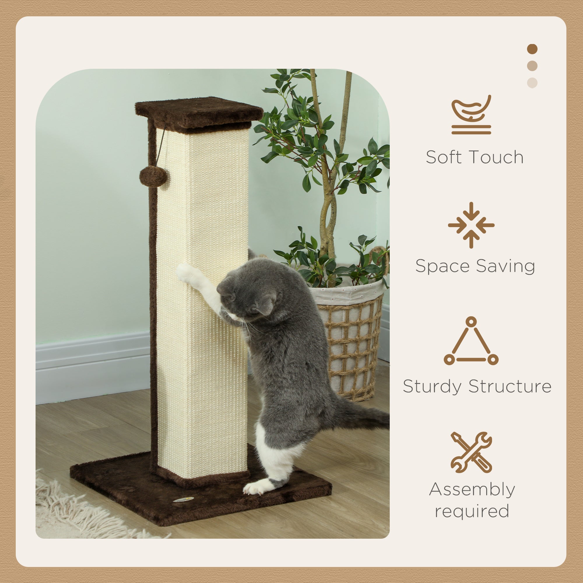 PawHut 81cm Cat Scratcher, Vertical Full Scratcher w/ Natural Sisal Rope, Hanging Ball, Soft Plush - Brown - North Peak Garden Furniture
