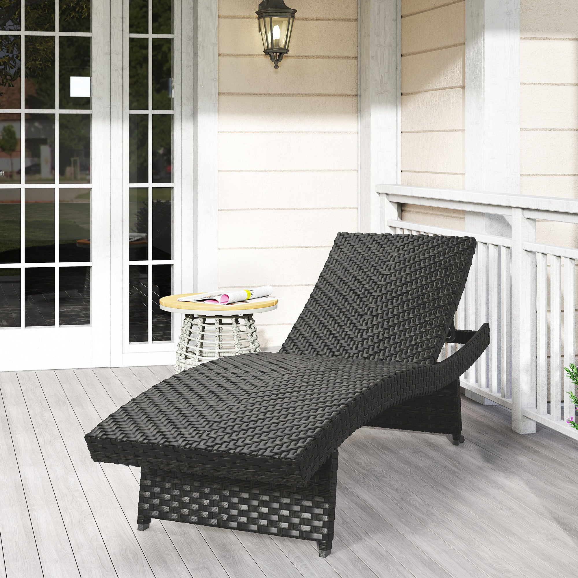 Outsunny Outdoor PE Rattan Sun Lounger, Folding Wicker Garden Lounger Recliner with 4-Level Adjustable Backrest, Rolling Sunbed Lounge Chair with Wheels, Non-Slip Legs for Balcony, Beach, Black - North Peak Garden Furniture