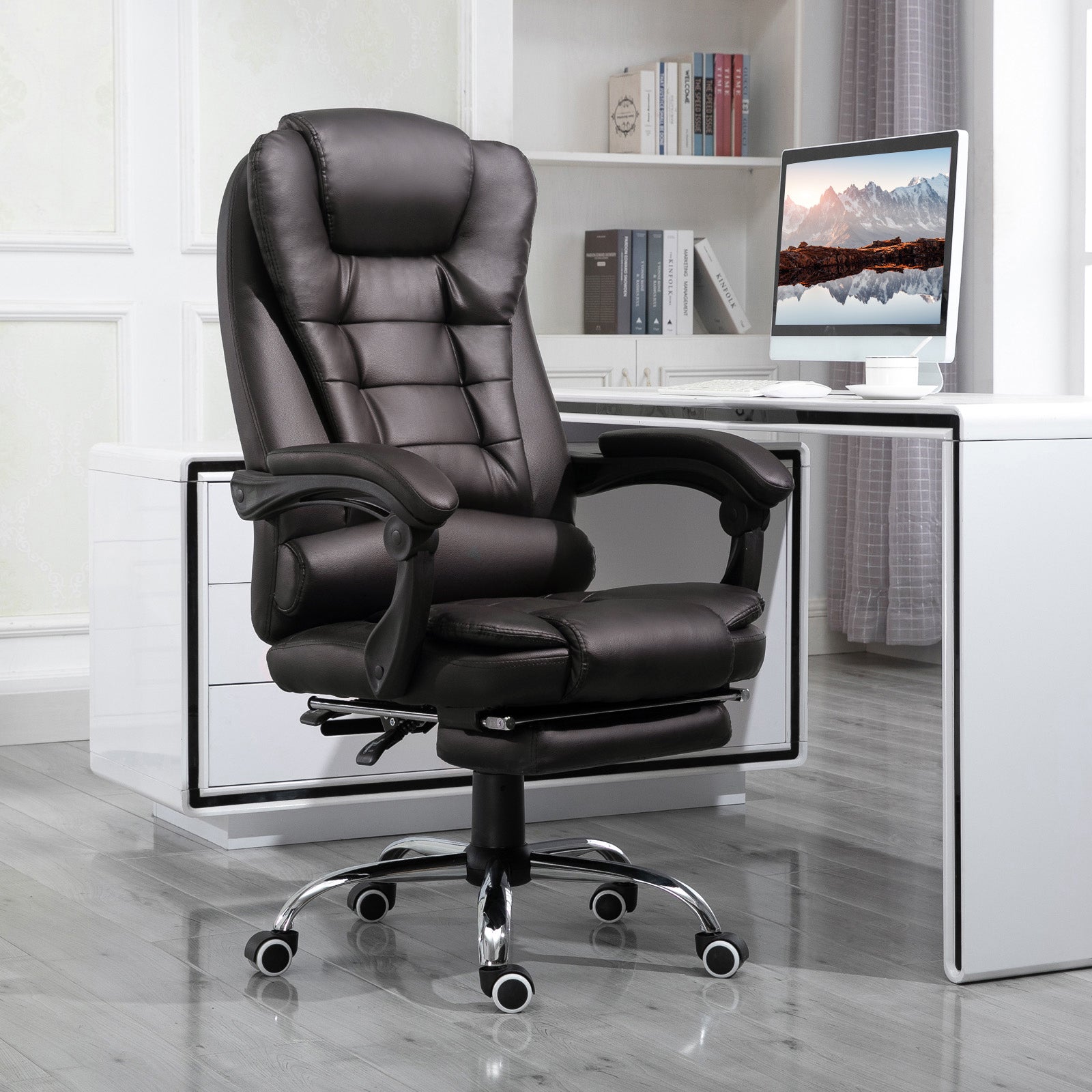 HOMCOM PU Leather Executive Office Chair, High Back Swivel Chair with Retractable Footrest, Adjustable Height, Reclining Function, Brown - North Peak Garden Furniture