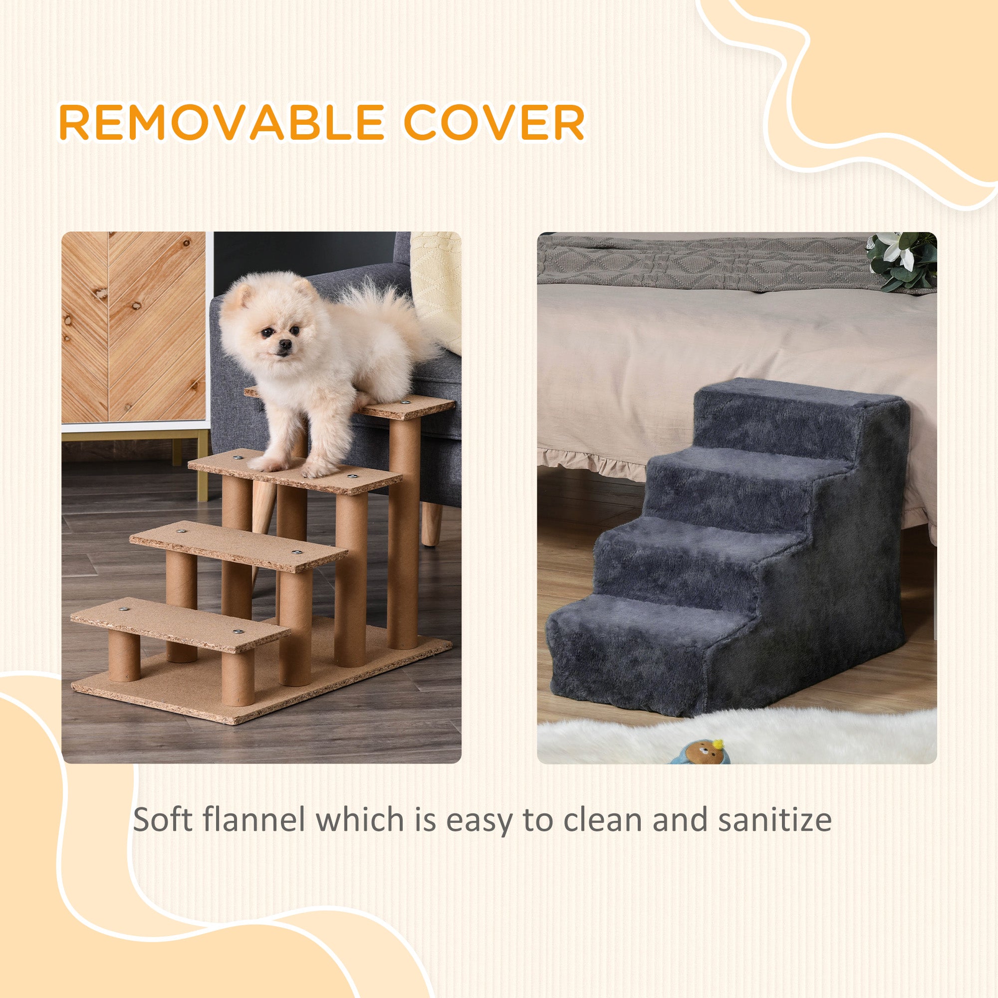 PawHut Four-Step Dog Stairs, with Washable Plush Cover, for High Bed Sofa, Dog Stairs for Small Dog and Cat - Dark Grey - North Peak Garden Furniture