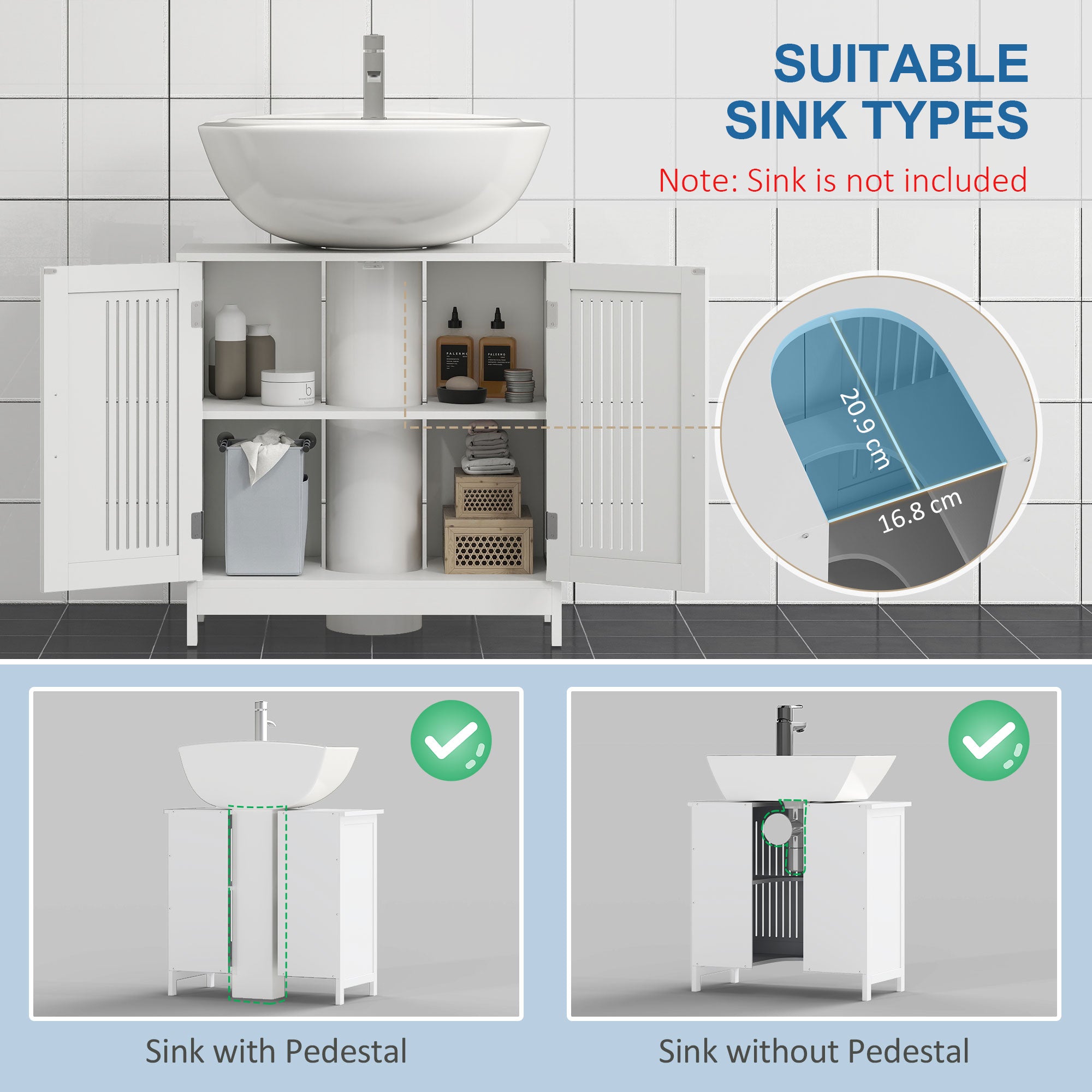 kleankin Modern Under Sink Cabinet with 2 Doors, Bathroom Vanity Unit, Pedestal Under Sink Design, Storage Cupboard with Adjustable Shelves, White - North Peak Garden Furniture