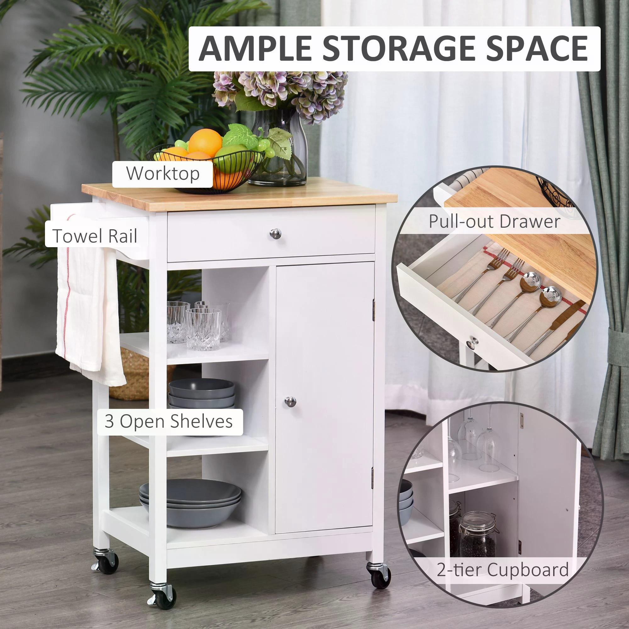 HOMCOM Kitchen Trolley, Kitchen Island on Wheels, w/ Wood Top, 3 Shelves and Storage Cupboard, White