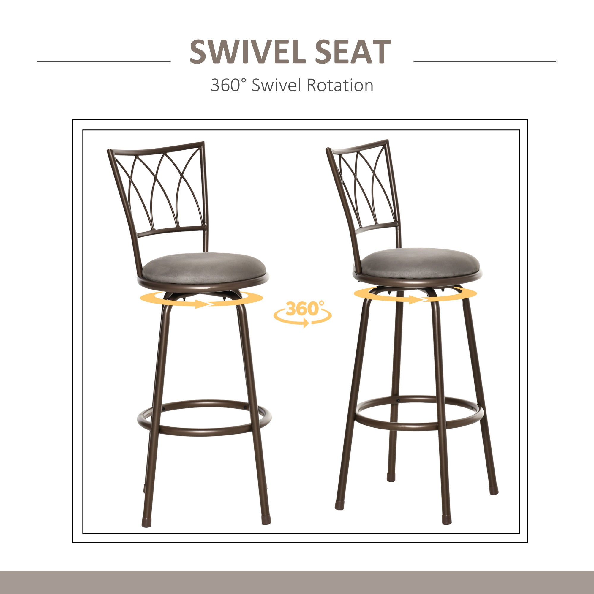HOMCOM Set of 2 Bar Chairs Swivel Armless Upholstered Metal Frame Barstools with Backrest & Footrest, Bronze - North Peak Garden Furniture