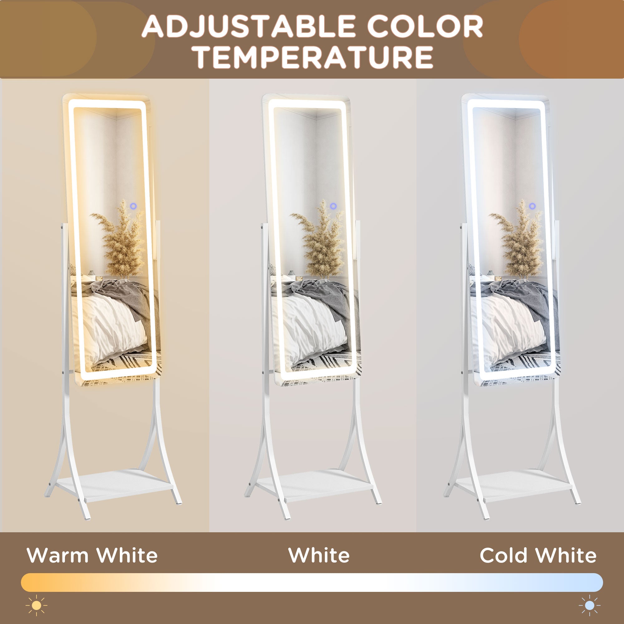 HOMCOM Free Standing Dressing Mirror with LED Lights, Full Length Mirror with 3 Temperature Colours and Storage Shelf - North Peak Garden Furniture