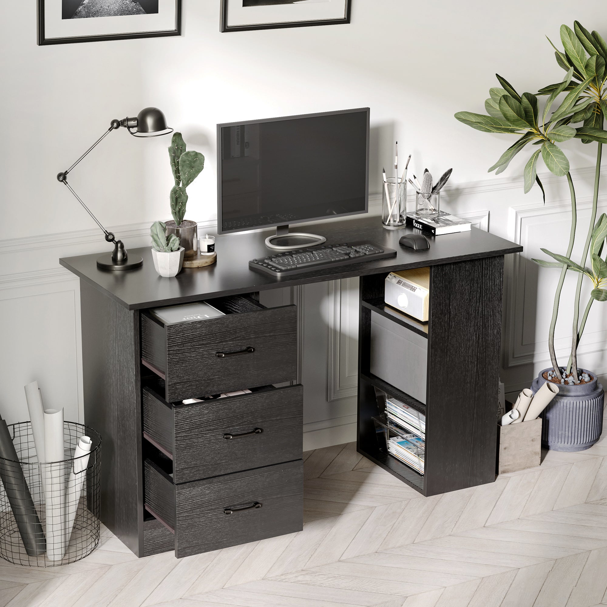 HOMCOM Computer Desk, Writing Table, PC Workstation with 3 Storage Shelves and Drawers, Black Handle, for Home Office, Black - North Peak Garden Furniture