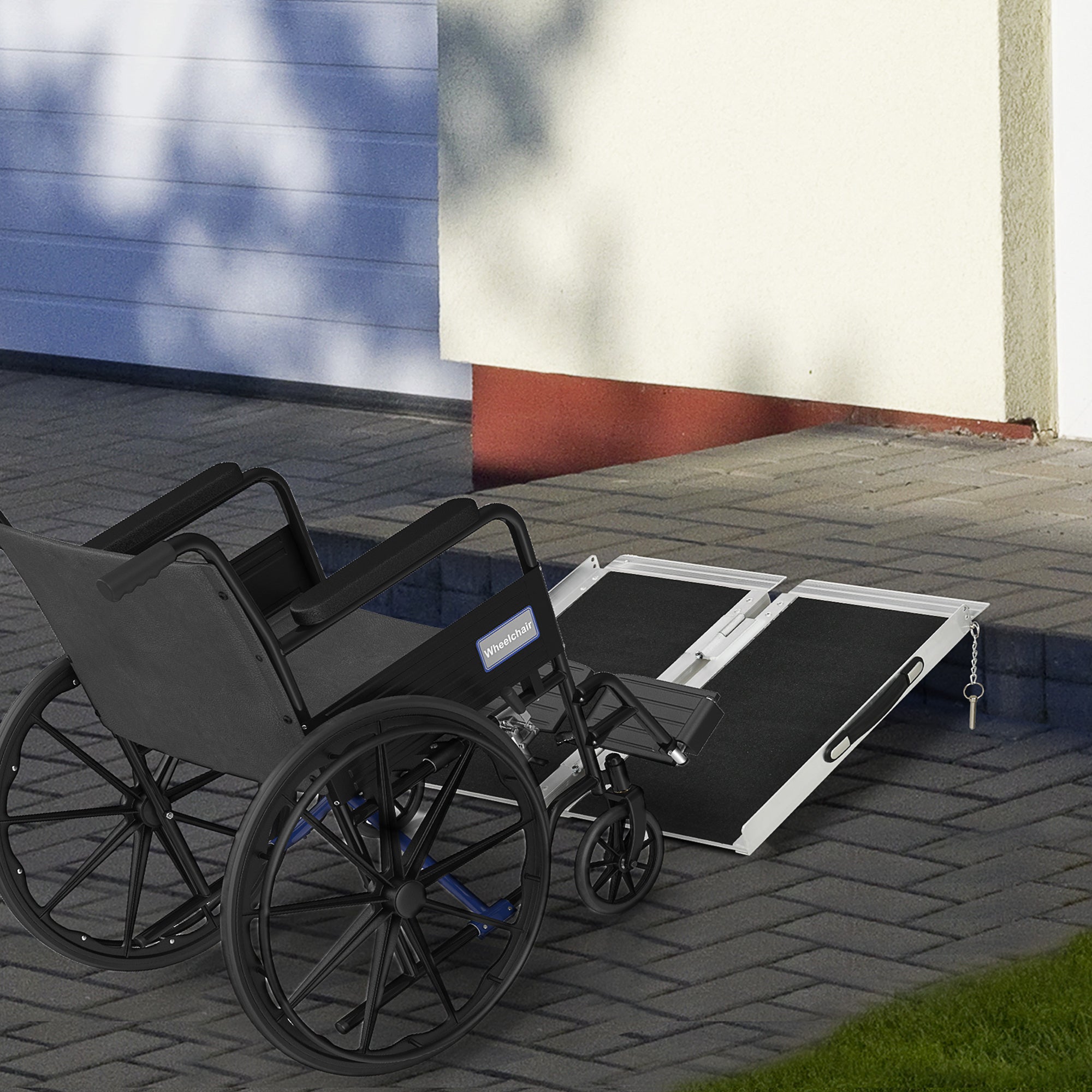 HOMCOM 2ft Aluminium Duo Wheelchair Ramp Pushchair Mobility Assistance Folding w/ Carry Handle Locking Chain Portable 61L x 72W cm - North Peak Garden Furniture