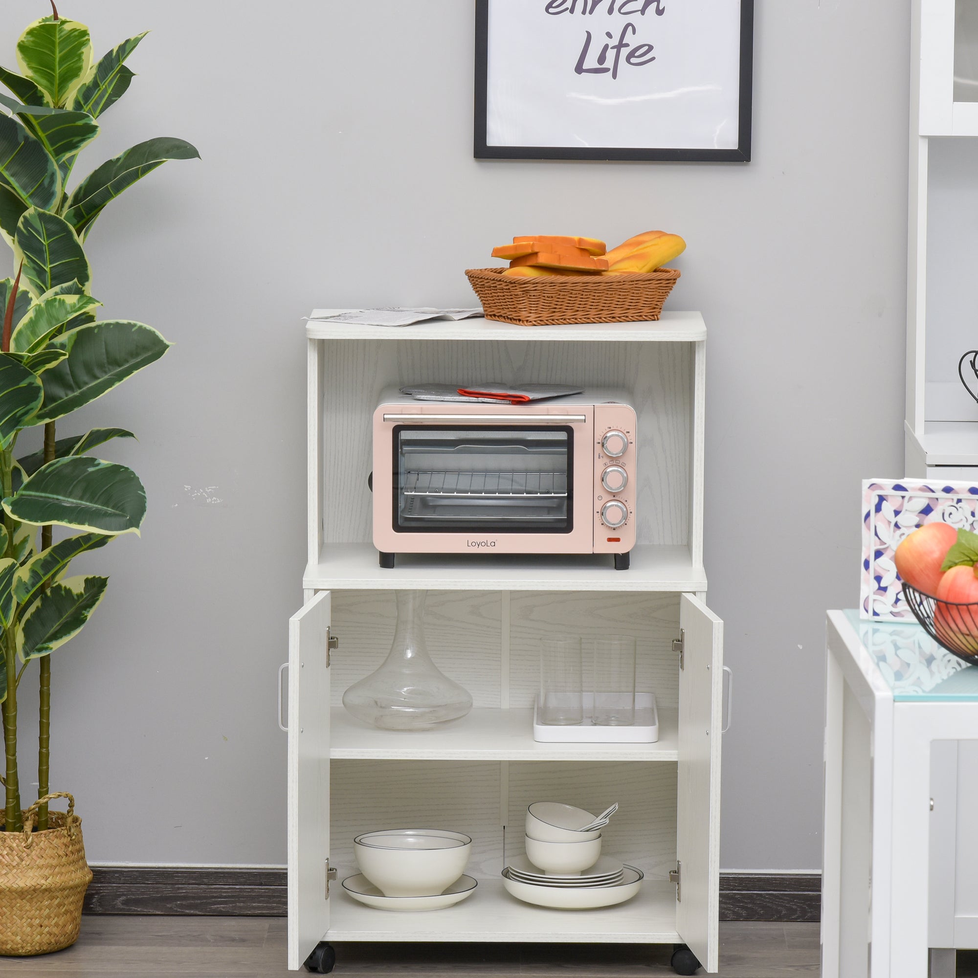HOMCOM Kitchen Storage Unit, Modern Microwave Stand Trolley Cart, Sideboard with Cabinet, Locking Wheels, Shelf for Living Room, Dining Room, White - North Peak Garden Furniture