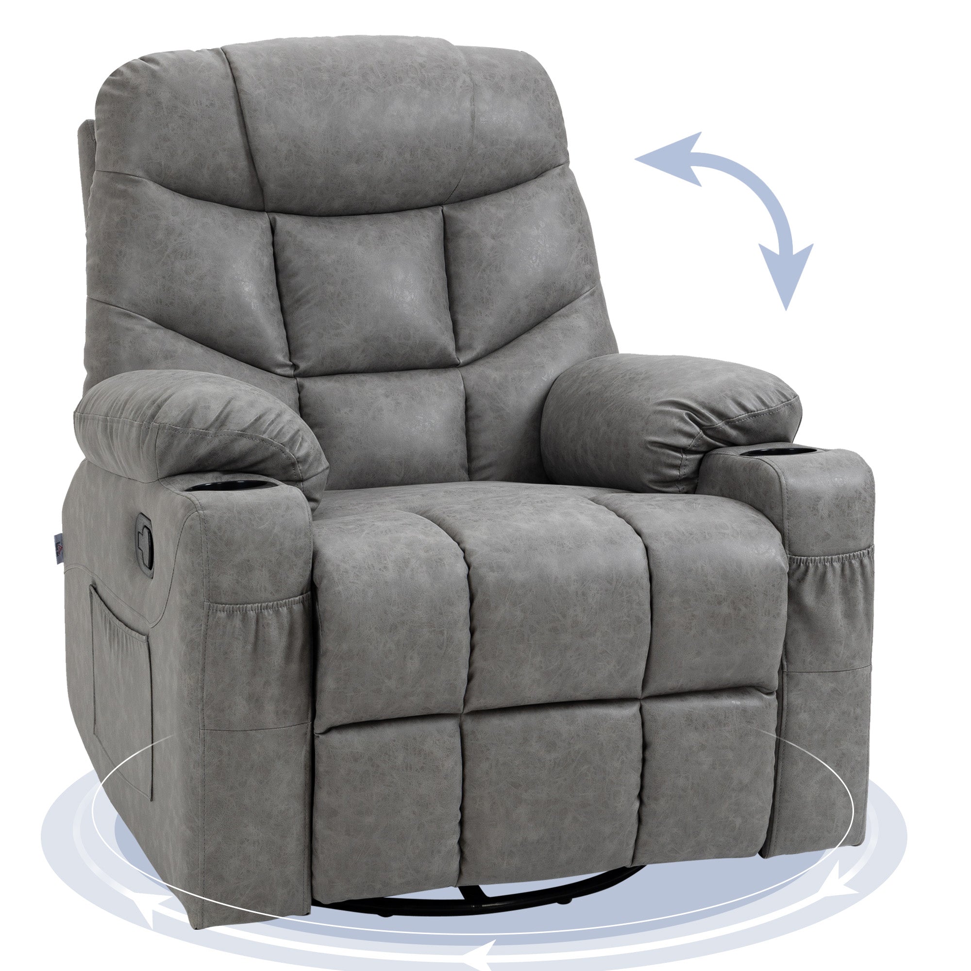 HOMCOM Manual Reclining Chair, Recliner Armchair with Swivel, Faux Leather, Below, Cup Holders, 86x93x102cm, Grey