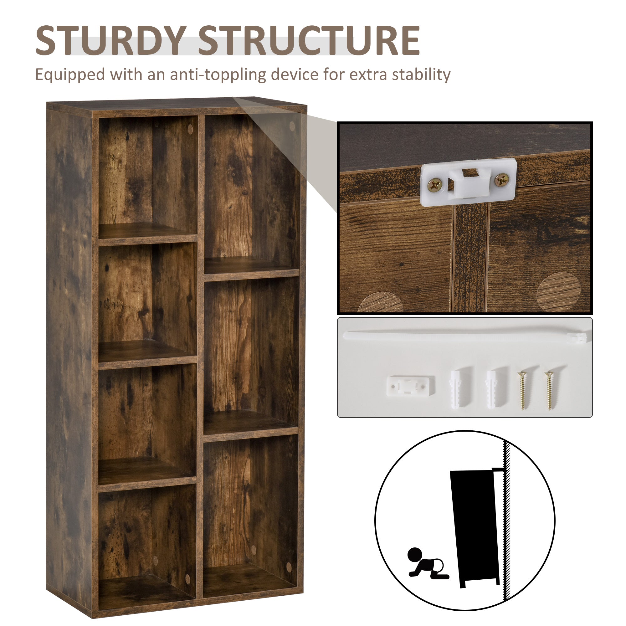 HOMCOM Seven-Cube Bookcase - Rustic Brown Wood Effect - North Peak Garden Furniture