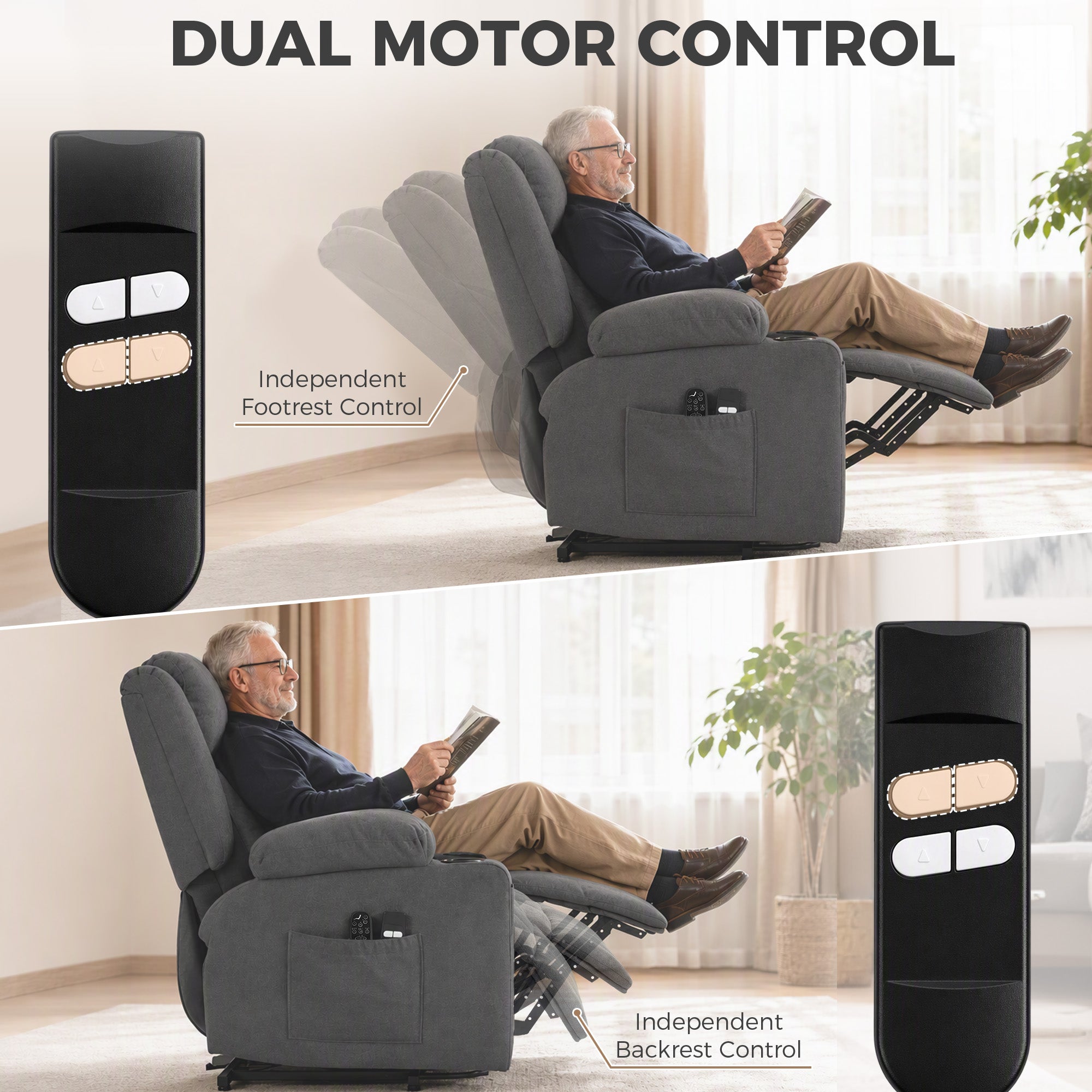 HOMCOM Dual Motor Recliner Chair, 55° Electric Lift Chair for Elderly, Recliner Armchair with Massage and Heat, Dark Grey